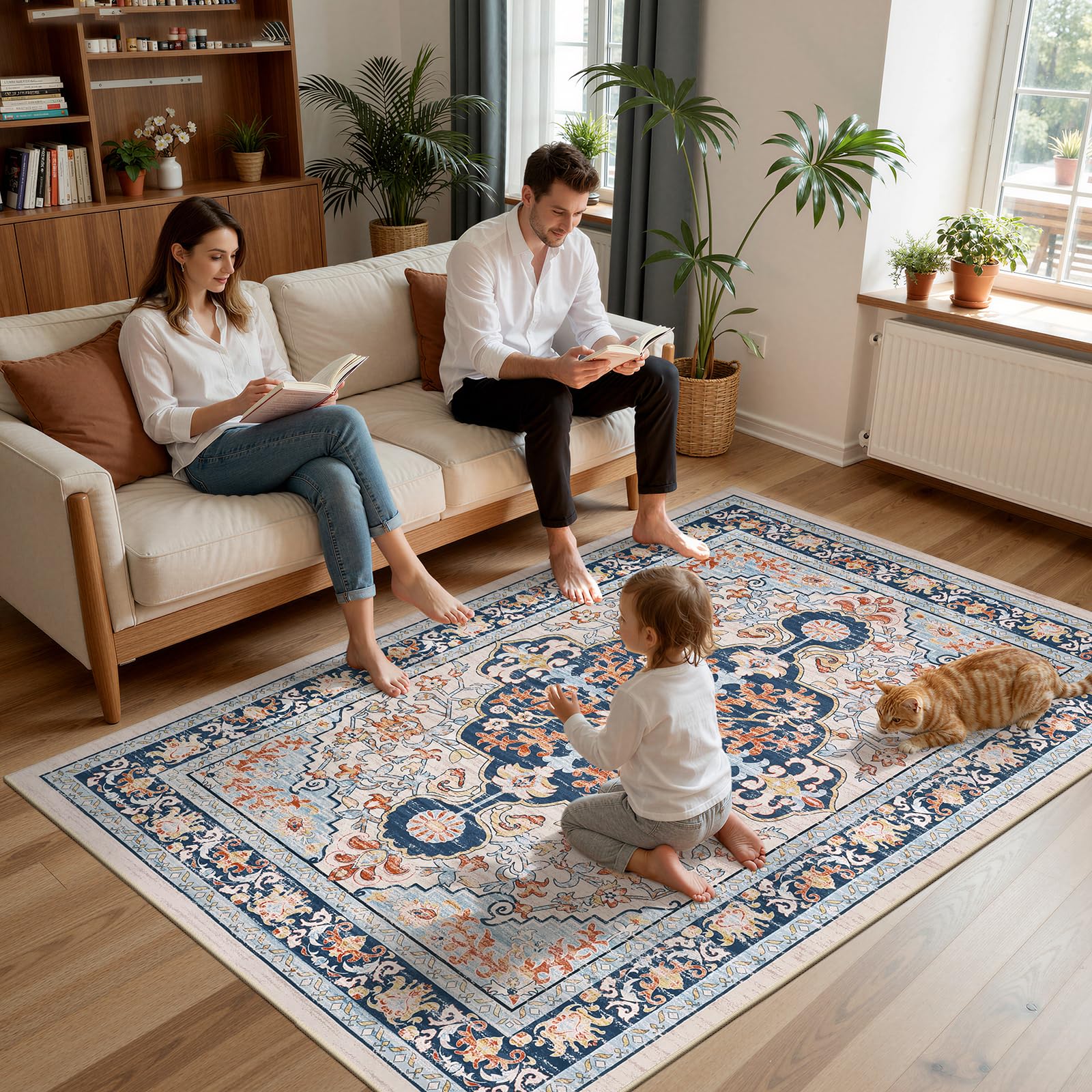 U'Artlines Tapis vintage bohème de 15,2 x 24,7 cm, lavable en machine, tapis de sol doux, antidérapant et antidérapant pour salon, chambre à coucher, entrée, salle à manger, bureau, orange et bleu