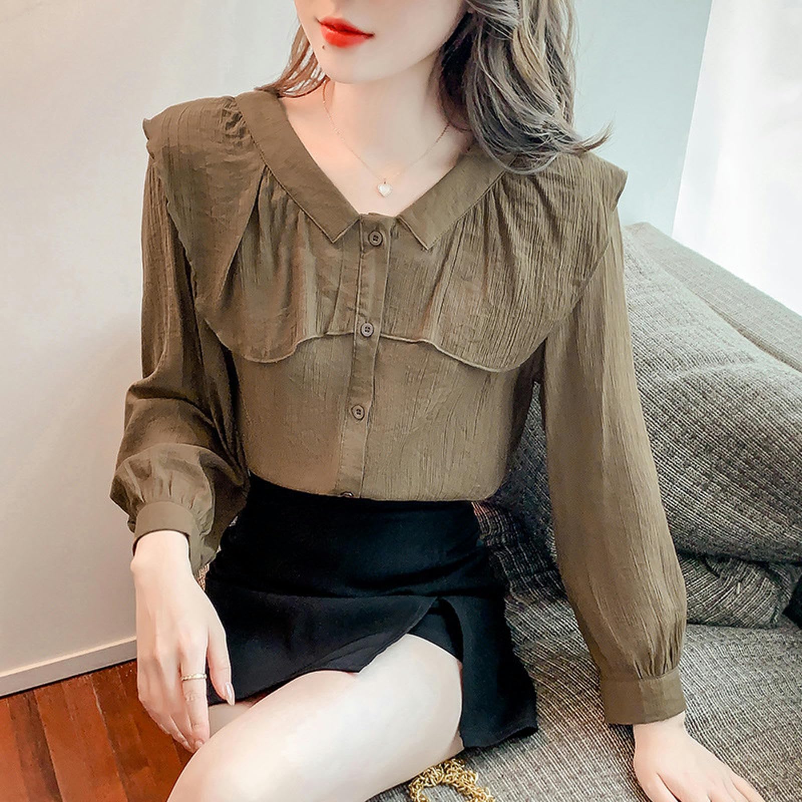 Camisa con Volantes Camisa de Moda con Cuello en V de Manga Larga para Mujer Top Elegante de Primavera Que Reduce la Edad-Negro-S