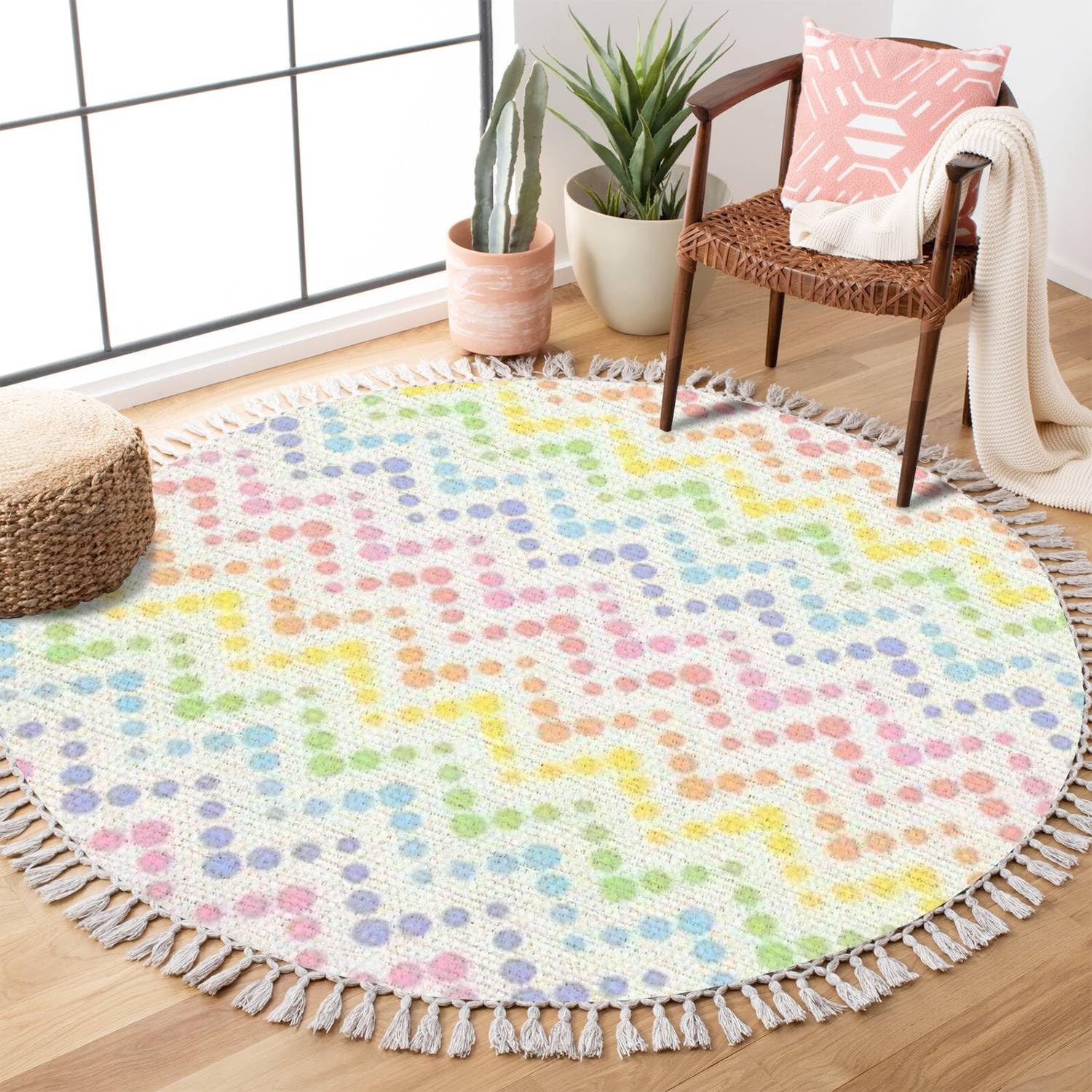 Round Boho Area Rug Rainbow Zigzag Pastel Colorful Lines from dots Kids Carpet with Tassels Meditation Rug Washable Hallway Floor Mat Runner Rugs for Bedroom Bathroom Playroom Nursery Decor 4 ft