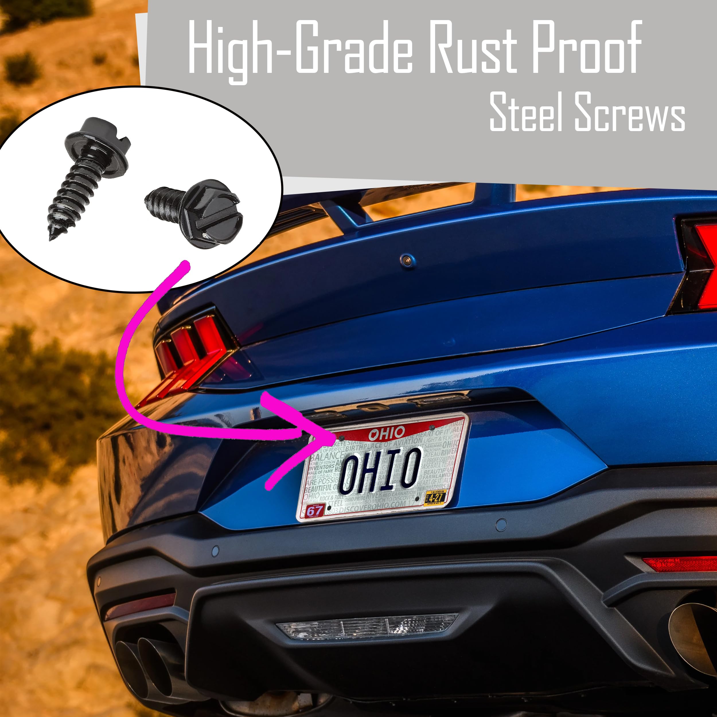 License Plate Screws with Rustproof Finish - License Plate Screw Kit for Front & Rear Plates - License Plate Bolts for Domestic Vehicles - Stainless Steel Screws for License Plates (4-Pack, Black)