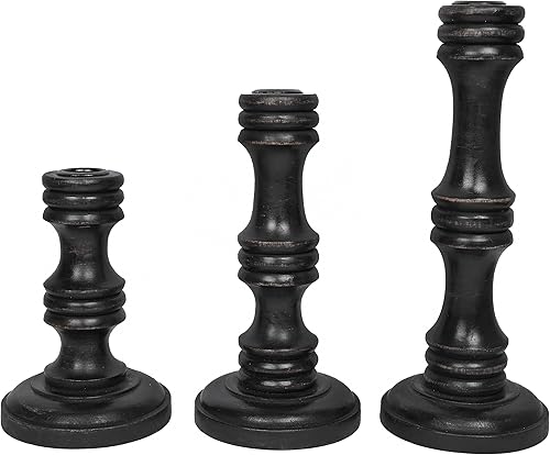 NIRMAN Juego de 3 portavelas de madera de mango y mango para centro de mesa, portavelas rústico, color negro