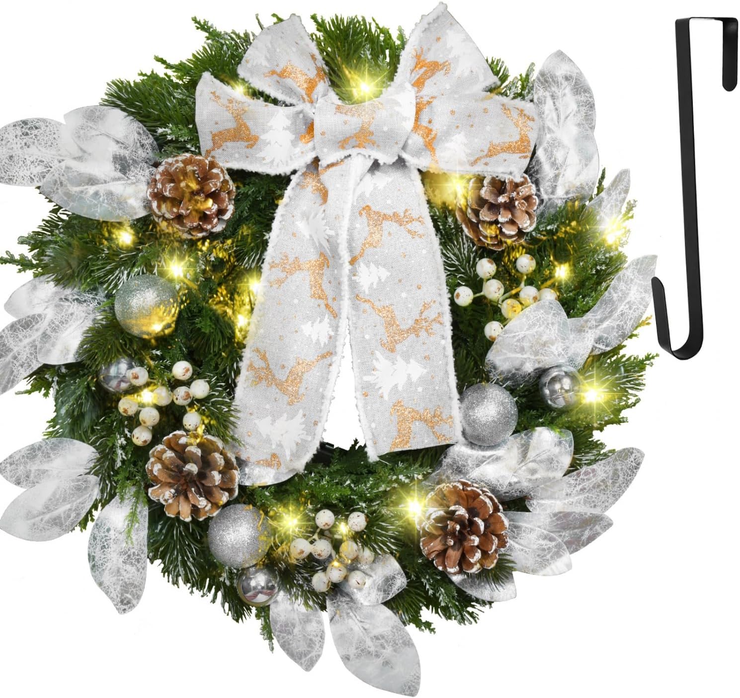 YoleShy 17'' Silver Christmas Wreath with Lights, Ball