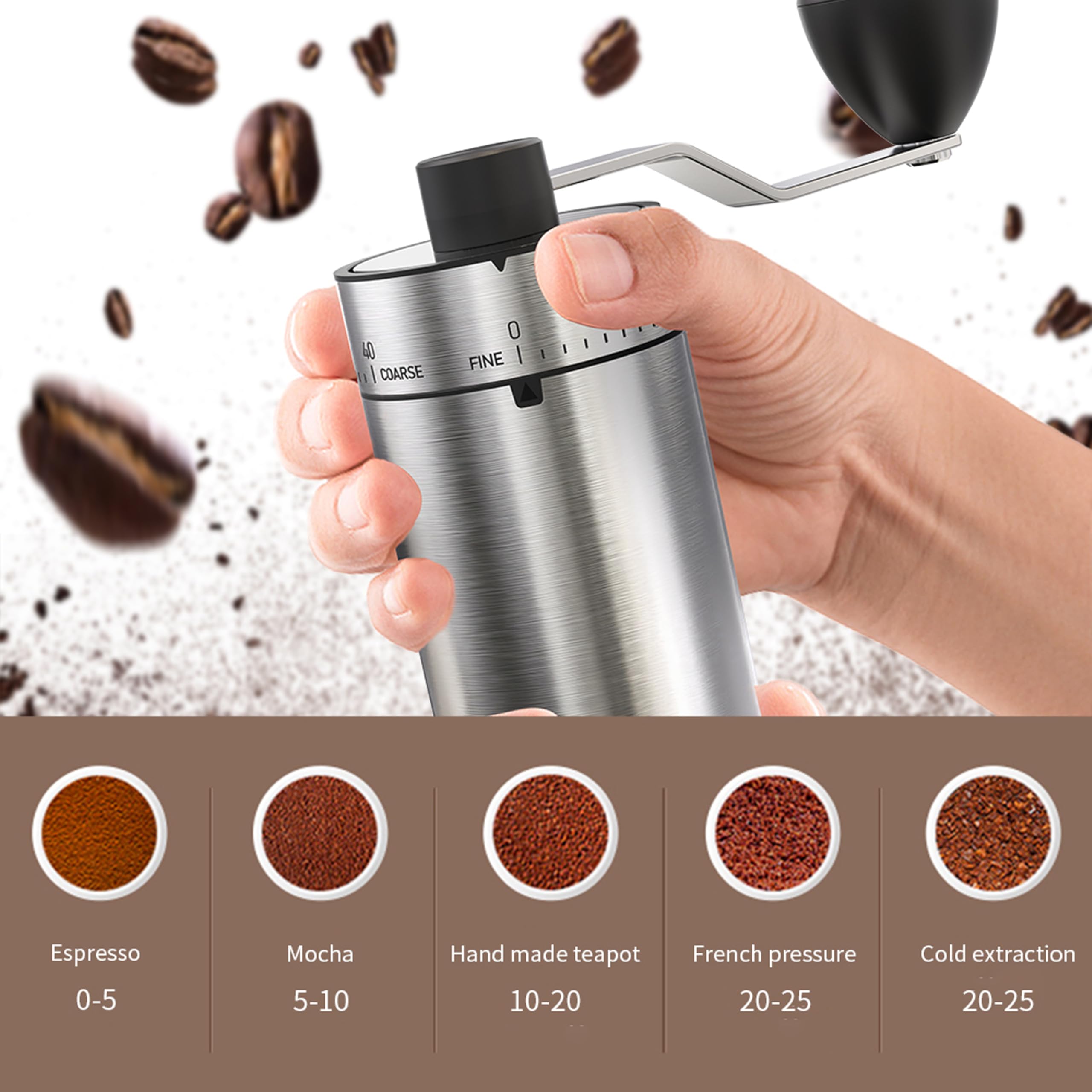 Macinacaffè portatile a forma conica per espresso e francese, con doppio cuscinetto, capacità di regolazione interna, 25 g (argento e ceramica)