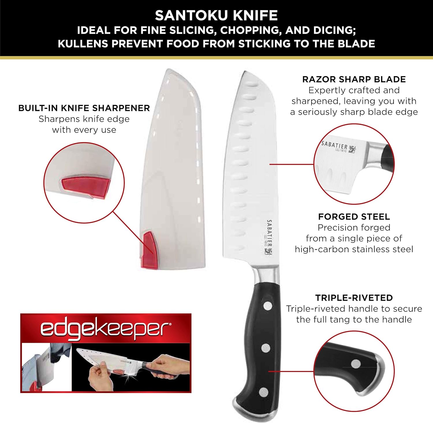 Sabatier Cuchillo Santoku de triple remache forjado con cubierta de