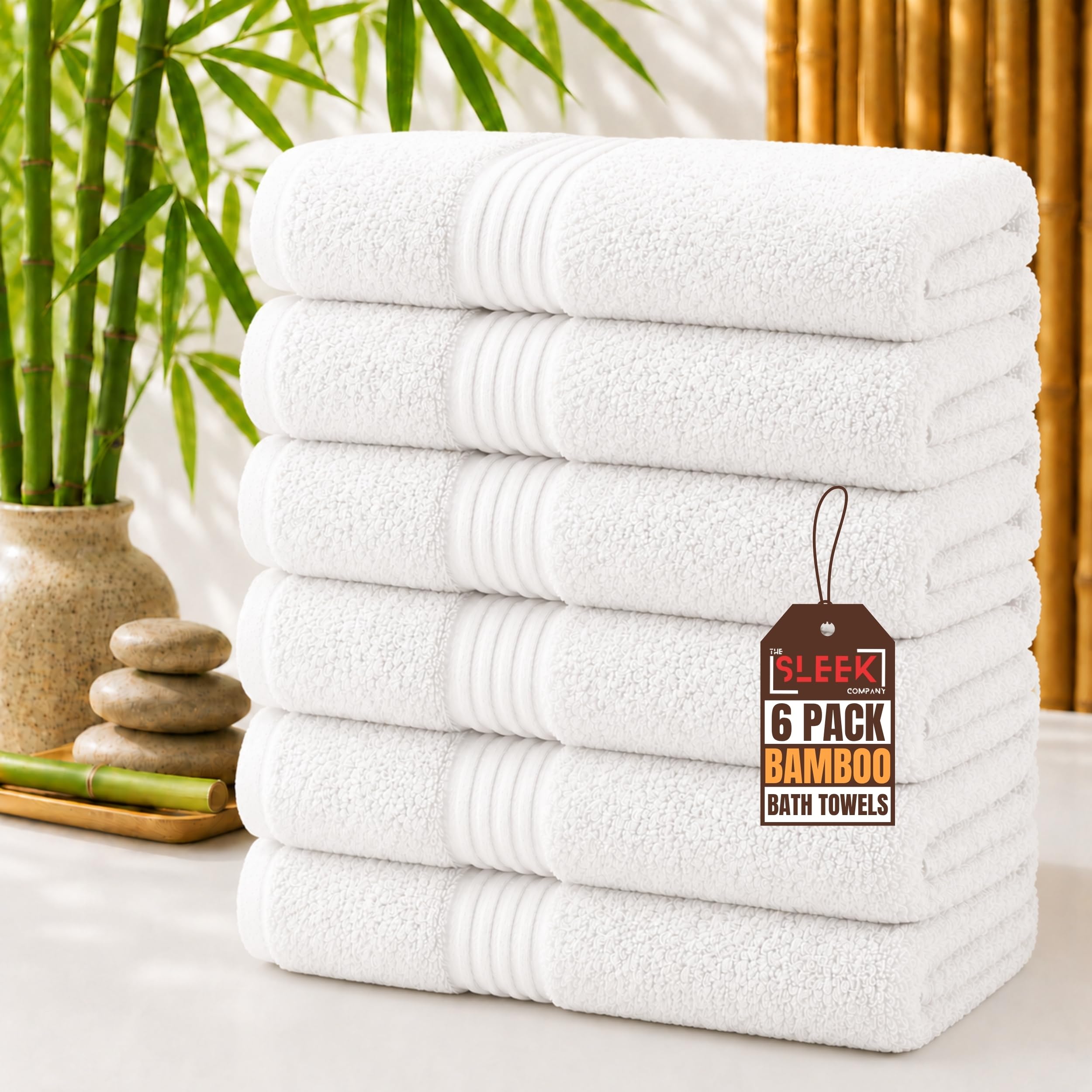 Luxury 700 GSM Bamboo Bath Towels (70x130cm) – Pack Of 6 – Ultra Soft & Super Absorbent Terry Weave – Hypoallergenic & Antibacterial Bathroom Towels – Ideal shower towel for Home, Hotels & Spa (White)