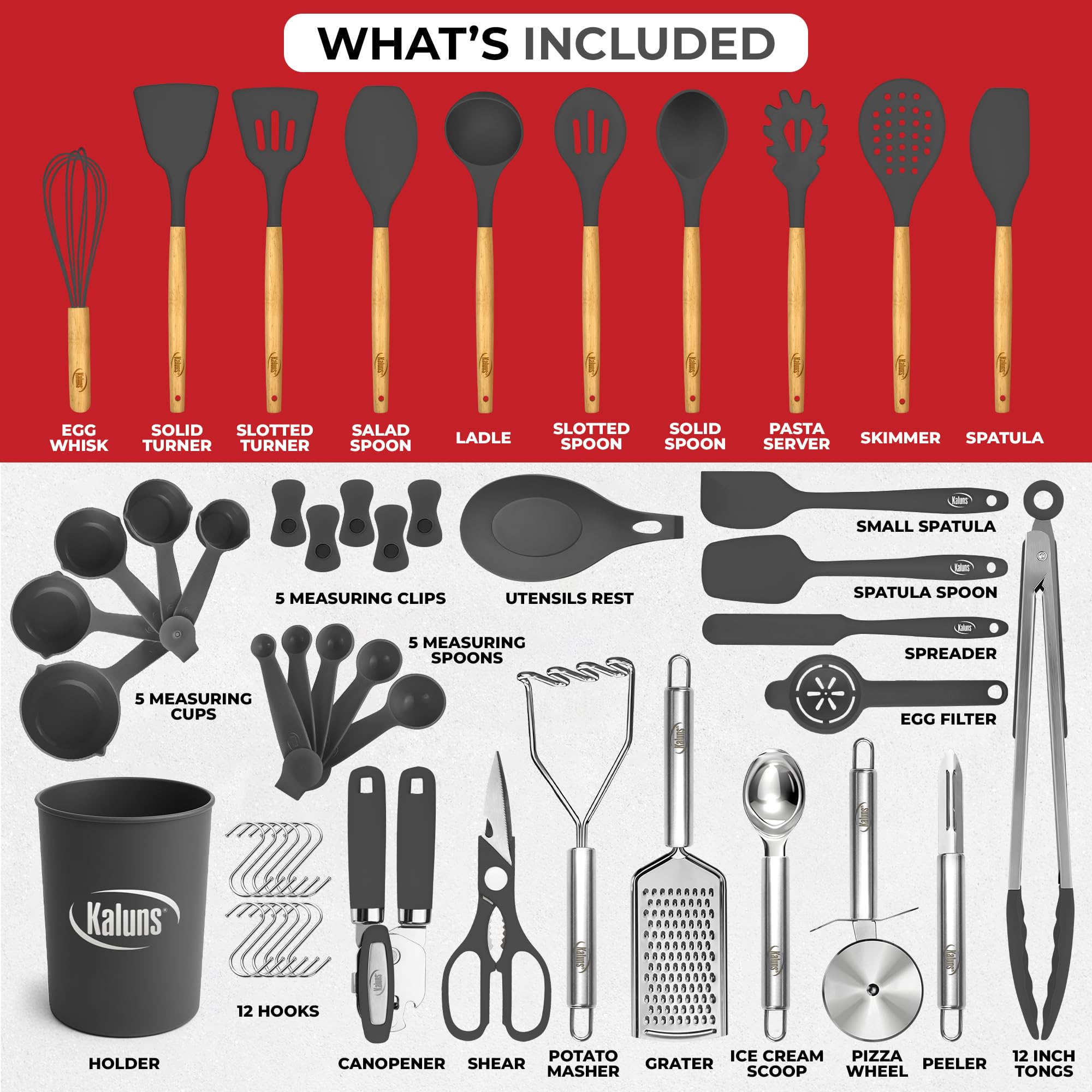 Kaluns Juego completo de 50 utensilios de cocina de silicona, resistentes al calor, antiadherentes, con asas de madera, abrelatas, machacador, volteador, espátula de silicona