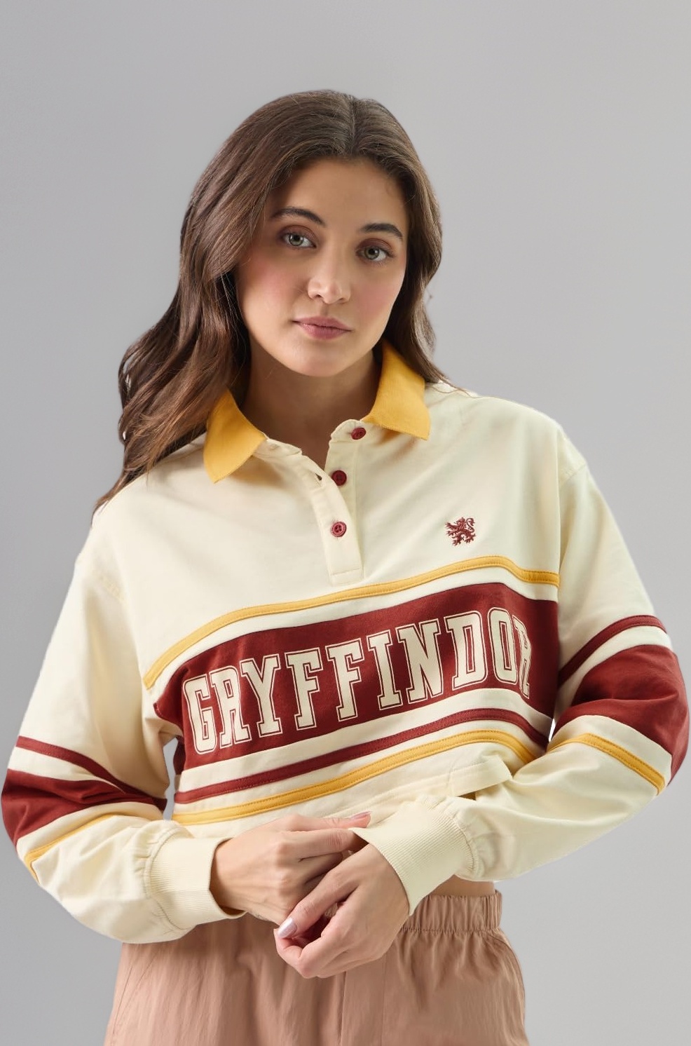 The Souled Store Official Harry Potter: Gryffindor Women and Girls Long Sleeve Collared Neck Off-White Graphic Printed Oversized Fit Cropped Rugby Polos