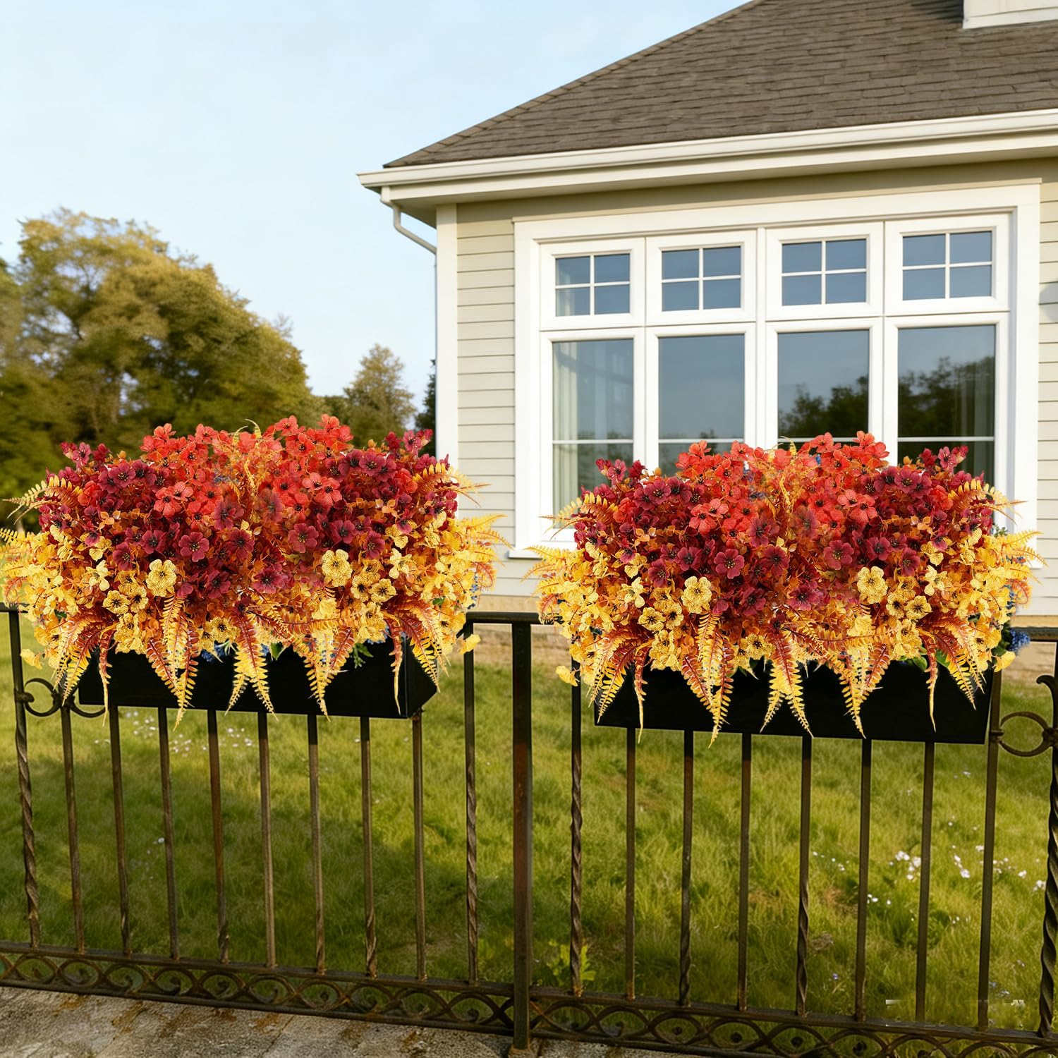 Artificial Fall Flowers for Outdoors, Artificial Mums of Fake Flowers for Outdoor Planters, No Fade Vibrant Artificial Flowers with Ferns for Porch Patio Yard Decoration, 12 Bundles