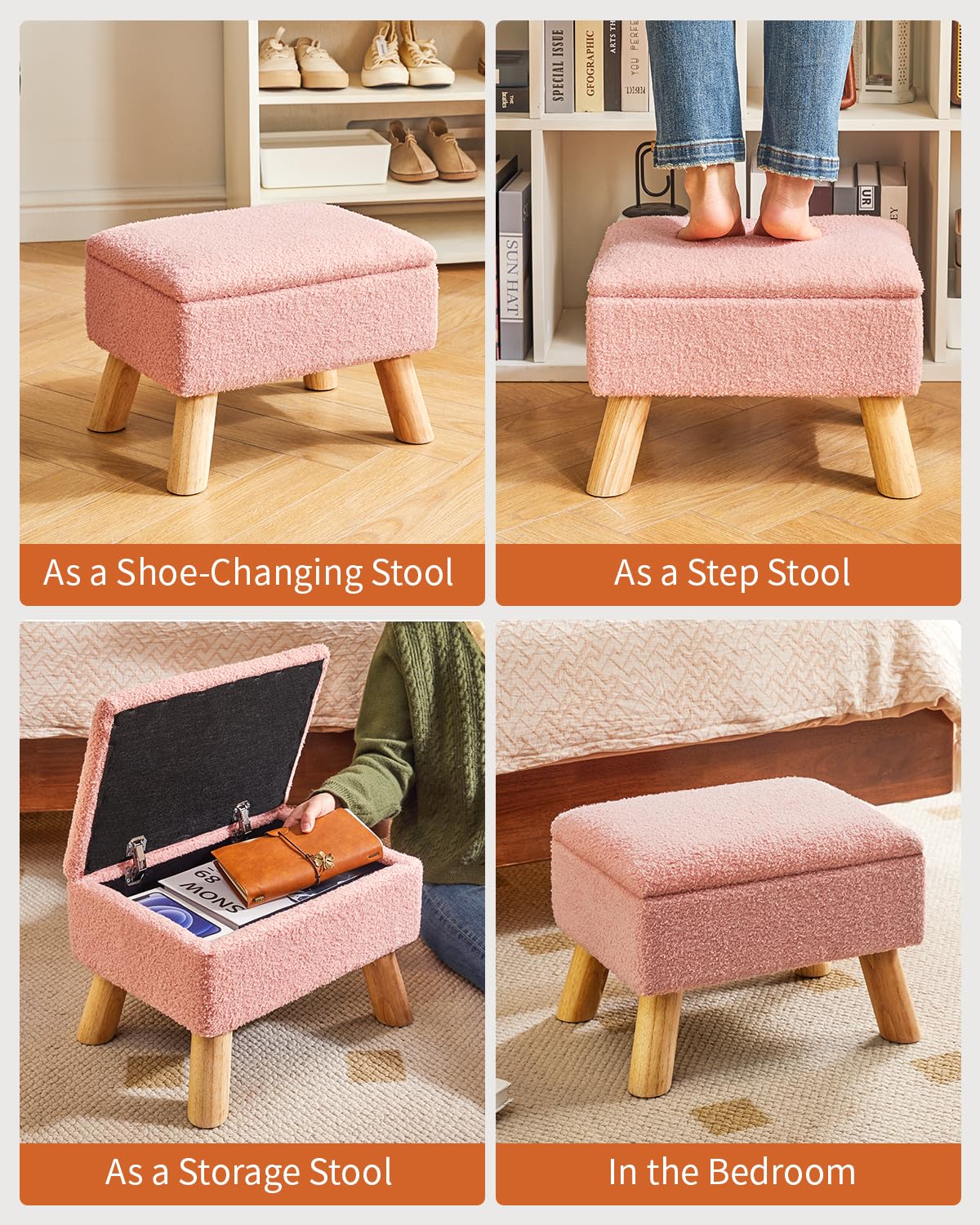 YMYNY Ottomane mit Stauraum, Fußhocker, Kleiner Fußhocker mit Stabilen Holzbeinen Hocker, Fußstütze mit Gepolstertem Sitz, für Wohnzimmer Schlafzimmer Eingänge 40 ×30 ×28CM Rosa HBD042P