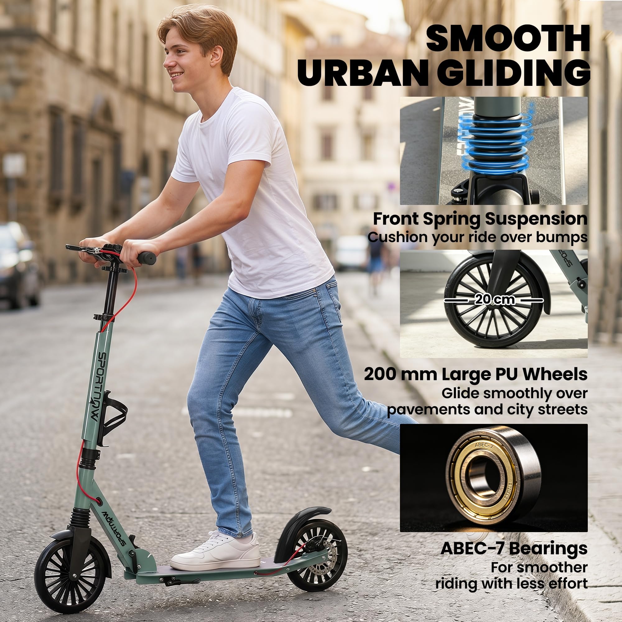 SPORTNOW Patinete plegable con manillar de altura ajustable, scooters plegables con un solo clic para adultos con ruedas grandes de 200 mm, absorción de golpes, rodamientos ABEC-7, sistema de frenos