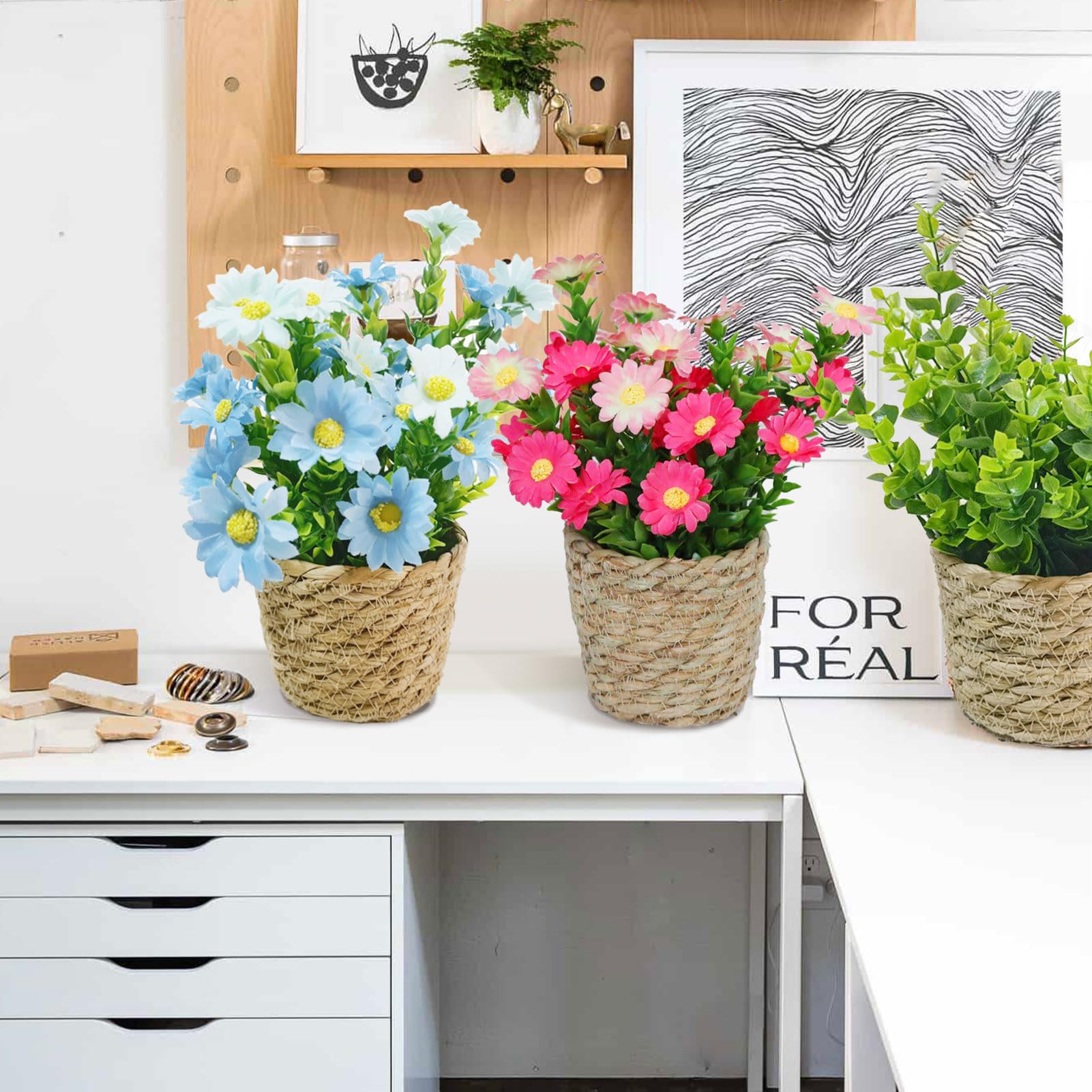 BEIJIALY Artificial Mini Potted Plants, Faux Plants, Artificial Flowers Pot, Fake Flower in Pots Faux Greenery Plants Decorative Artificial Plants for Home Office Decor(Pink)