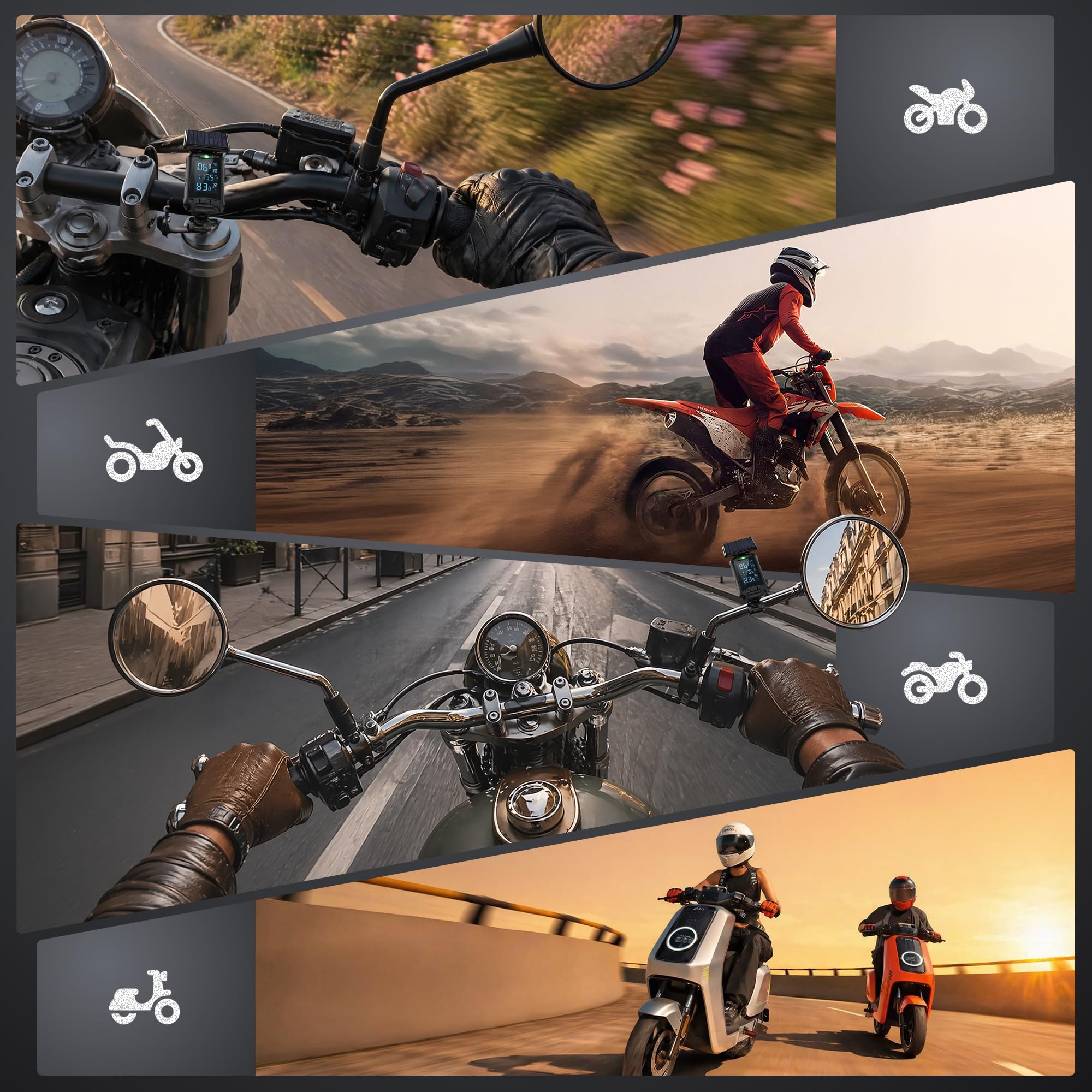 MOMAN Solar TPMS Motorrad Reifendruckkontrollsystem 2 Sensoren Bildschirm | IP67 wasserdicht & staubdicht, LCD-Display, kabellose Sensoren, Druck & Temperaturalarm, kompatibel mit iOS/Android