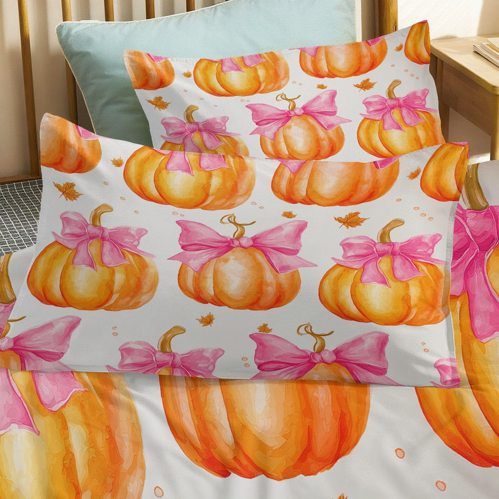 Zestaw pościeli akwarela styl dynia z kokardką, poszewka na kołdrę z mikrofibry rozmiar king size 230 x 220 cm dwustronna poszewka na kołdrę łatwa pielęgnacja łóżko miękkie przytulne zestawy pościeli
