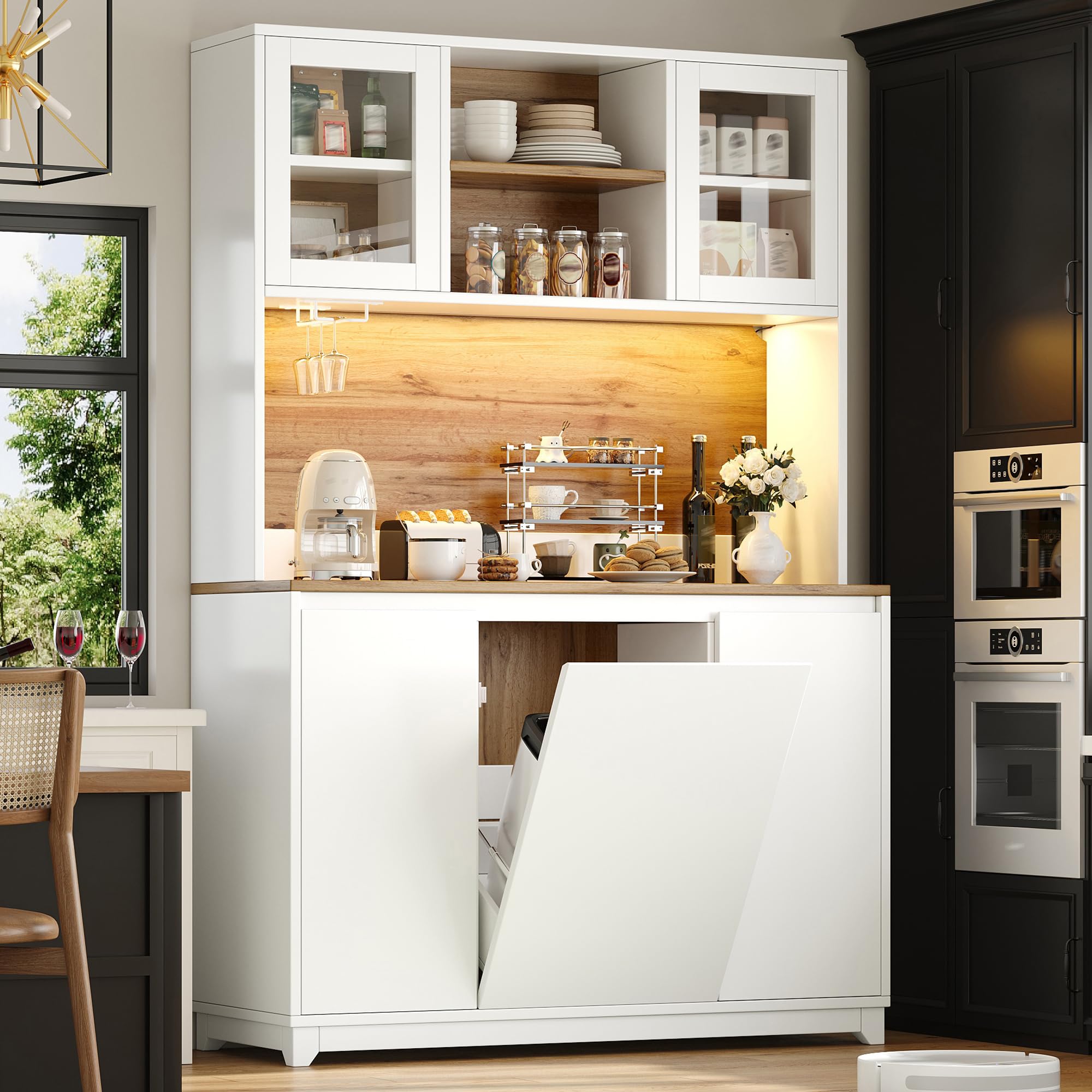 Modern Küchenschränke mit LED-Beleuchtung und Sideboards, Buffetschrank mit Acryltüren und Staufächer, Hochschrank mit Offene Ablagen, Weiß-A, 120x40x180 cm