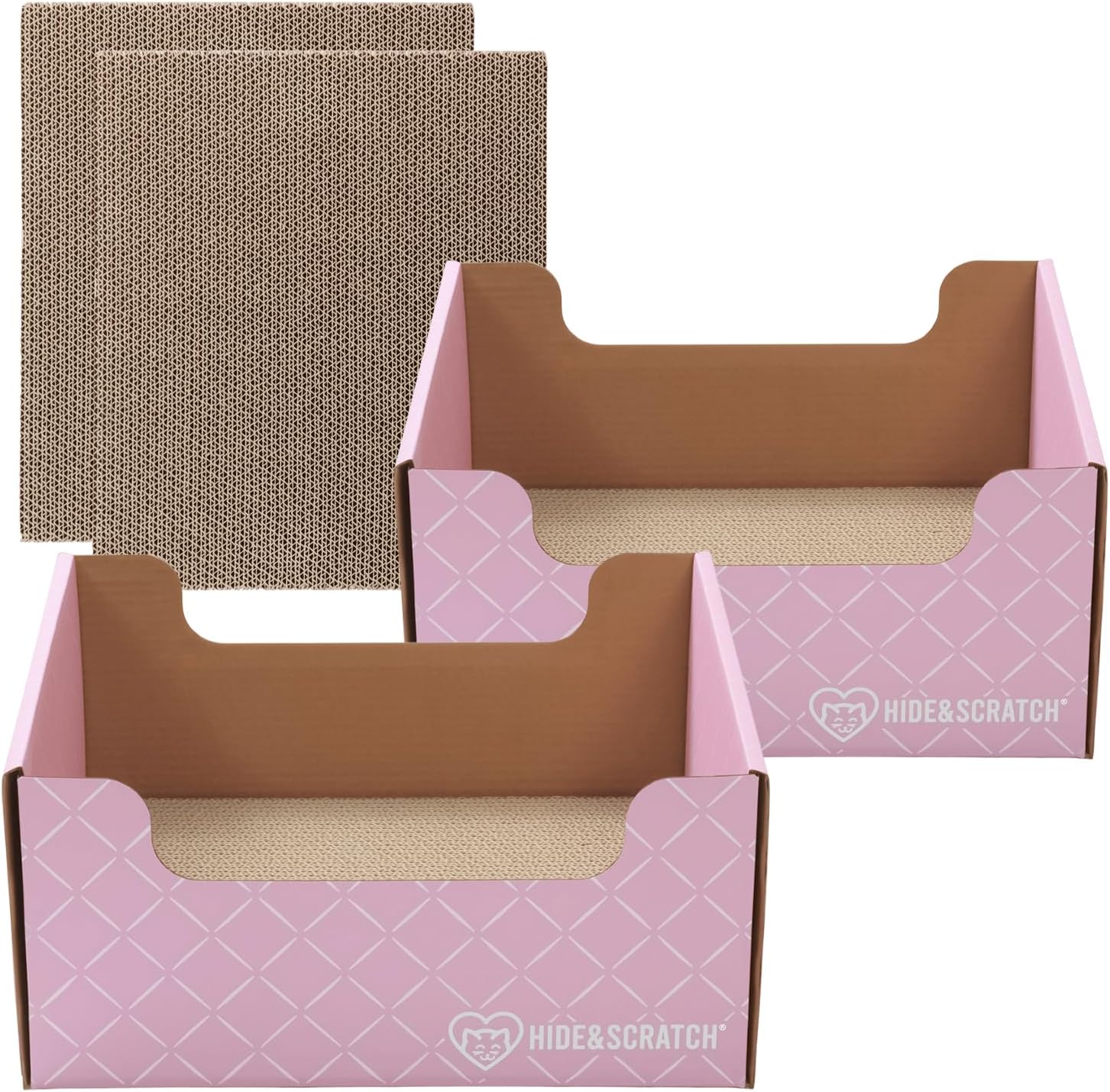 2X Hide & Scratch Cat Scratcher Boxes Plus 2 Scratch Pad Refills