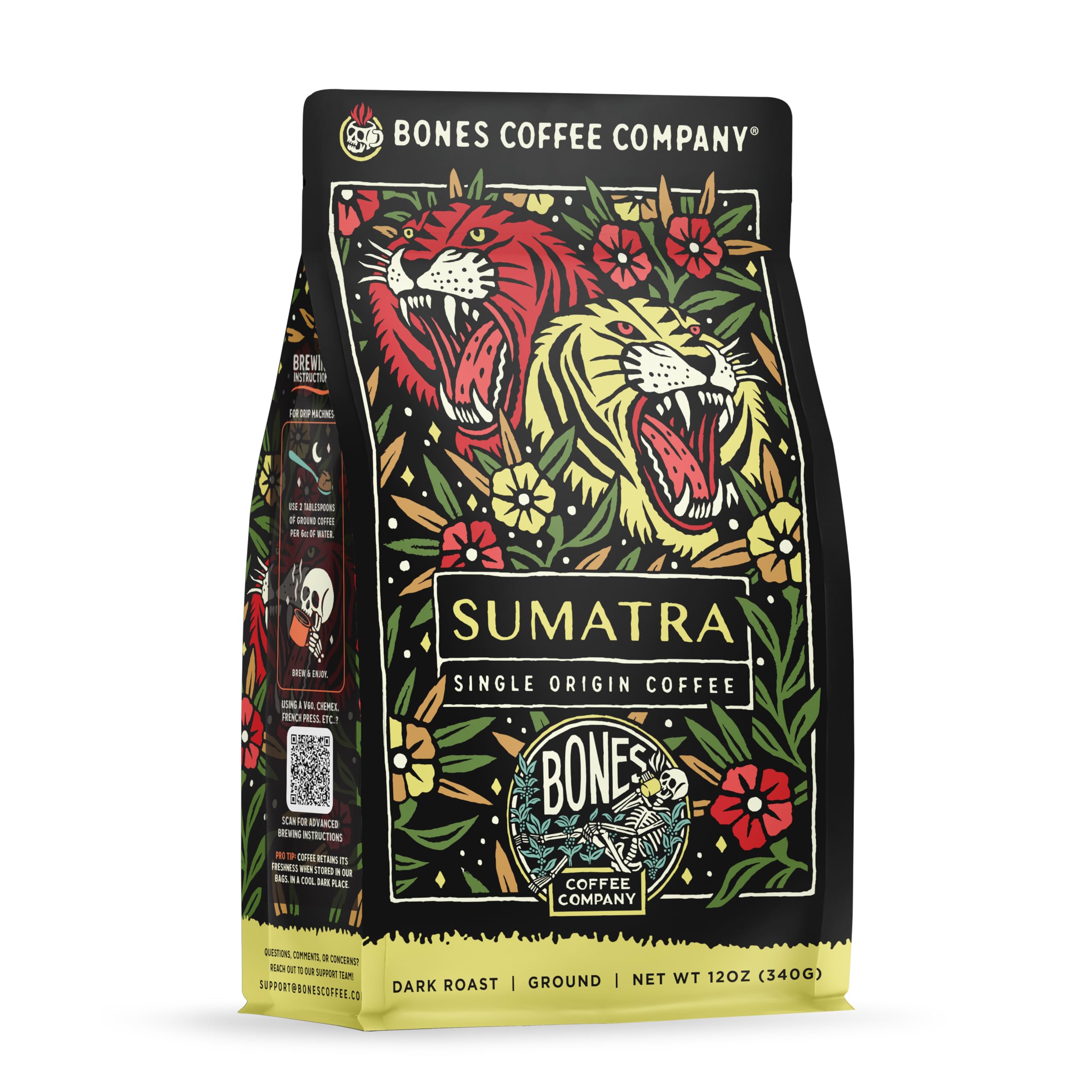 Bones Coffee Company Sumatra Single-Origin, Dark Chocolate, Smoky, Earthy Notes, Ground Coffee Beans, Low Acid Dark Roast Arabica Beans Flavored Coffee, 12 oz Ground