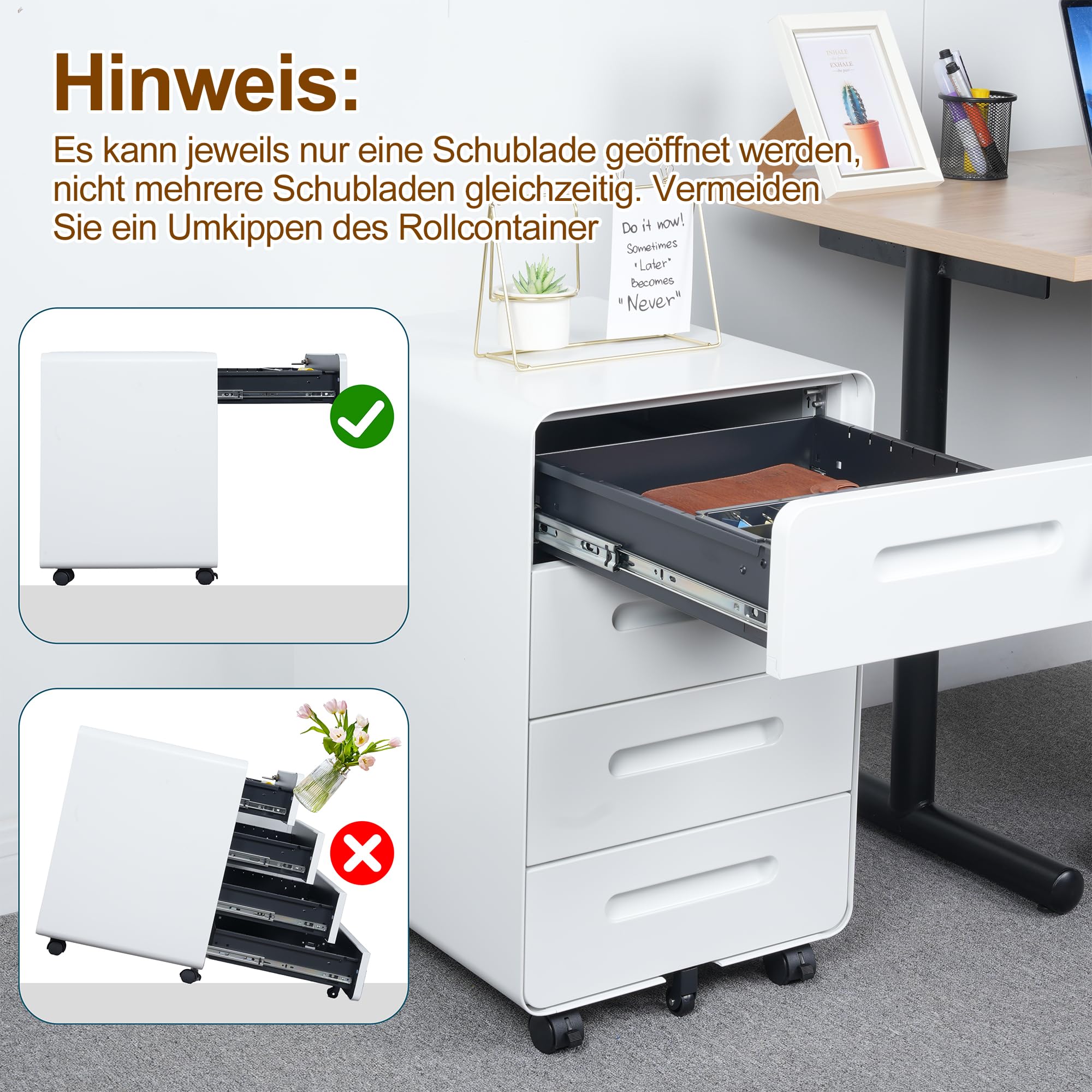 Rollcontainer, Mobiler Aktenschrank mit Schloss, Abgerundeten Ecken, 4 Schlüssel, 4 Schubladen, Büroschrank aus Metall, Bereits Vormontiert, für Büro, Heimbüro, 46T x 40B x 64H cm, Weiß