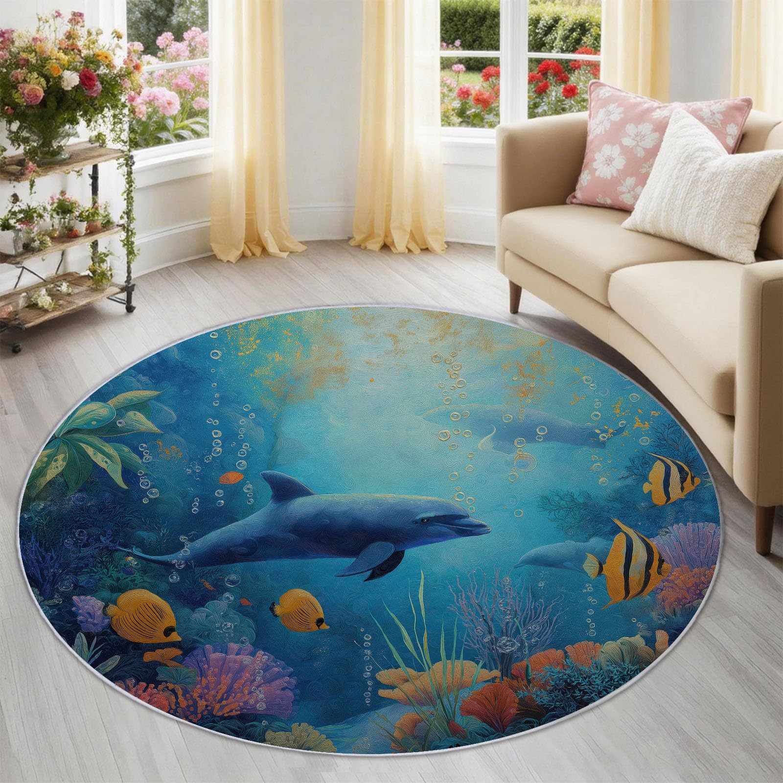 Moquette vie marine poissons dauphins tapis rond antiderapant
