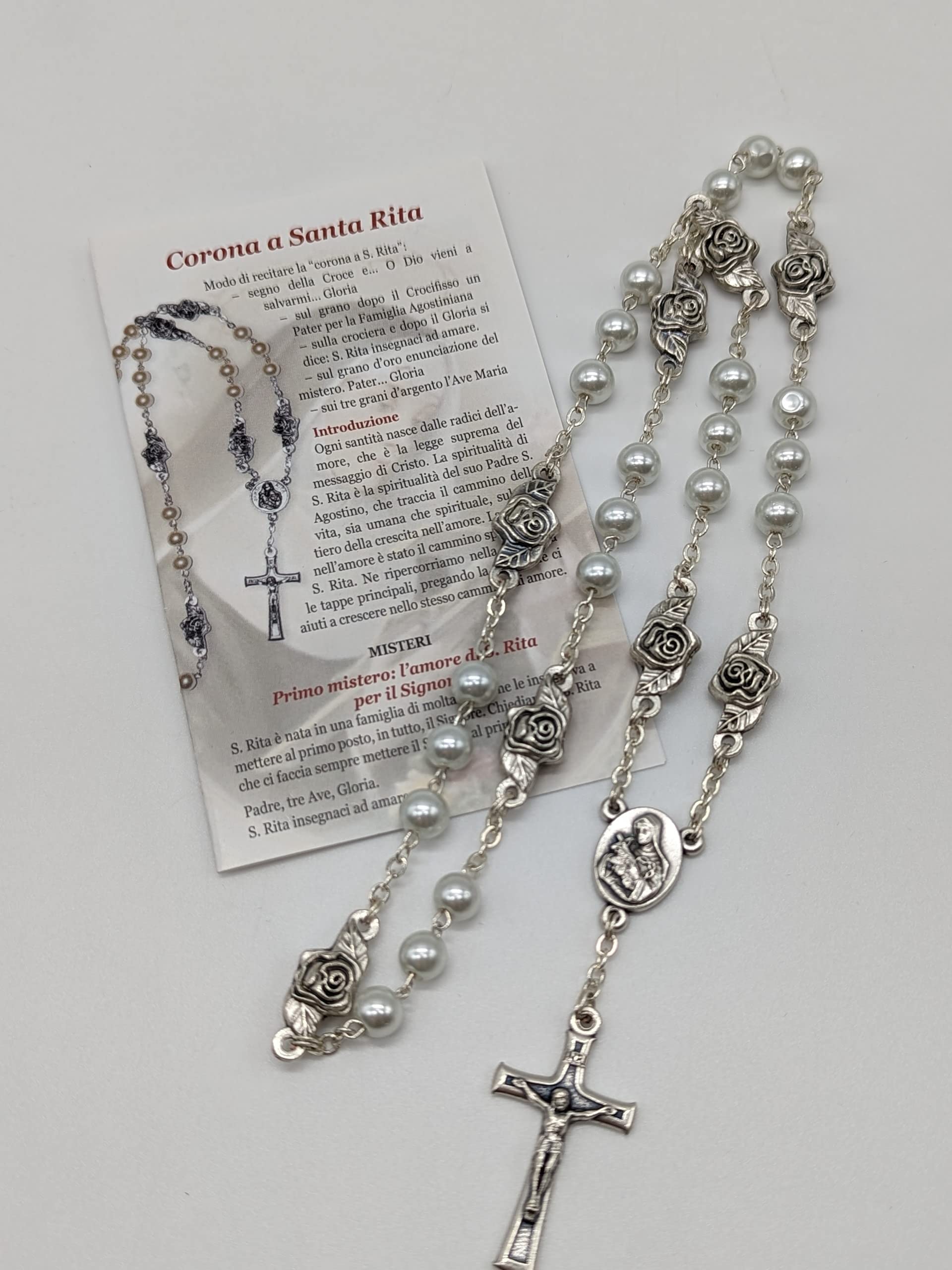 OVUNQUE PROTEGGIMI Rosario di Santa Rita da Cascia in Simil Perla Lungo cm 32 (12.59'') e Preghiera. Coroncina di Santa Rita. Rosary Chaplet of Saint Rita (Pater con Rosa)