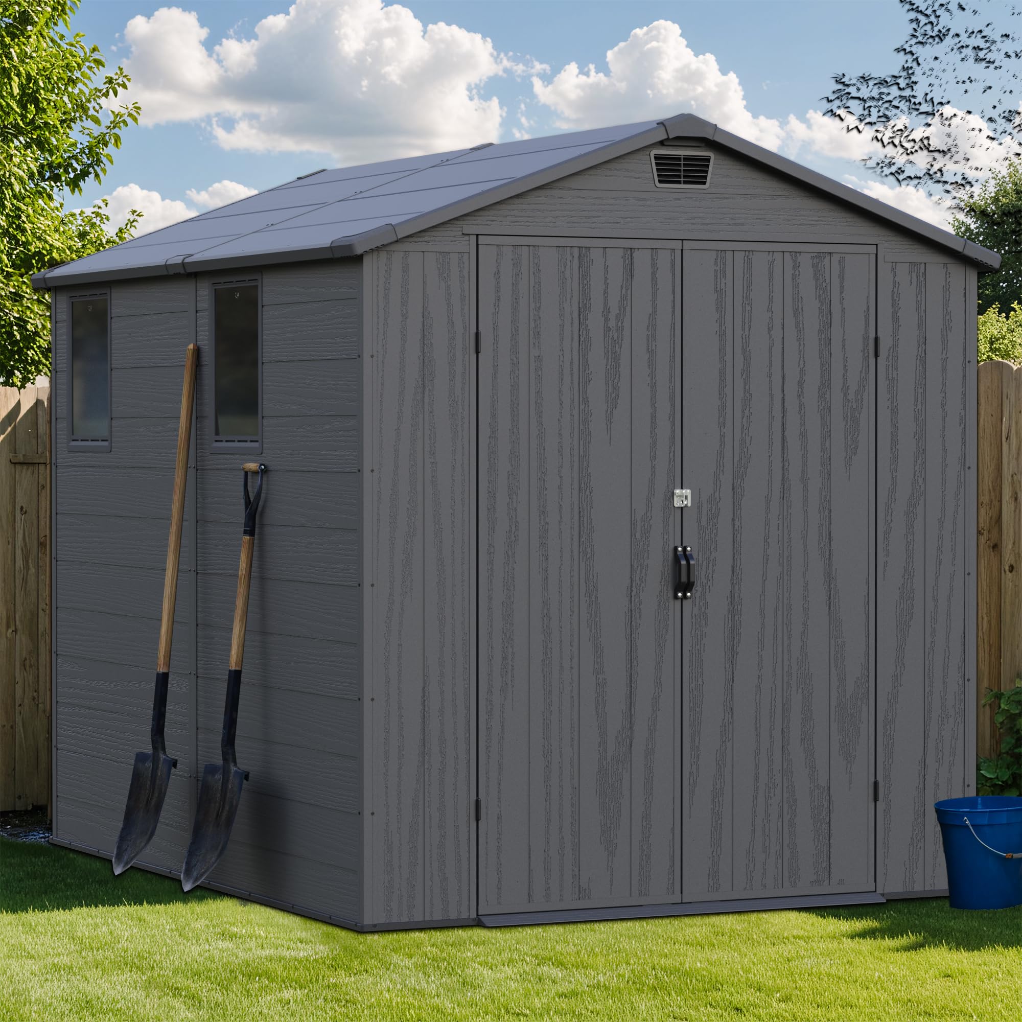 Greesum 6×8FT Plastic Outdoor Storage Shed with Floor, Resin Storaged Sheds with Lockable Double Door, Windows &amp; Vents, All-Weather Tool Sheds for Garden, Backyard, Patio, Dark Gray