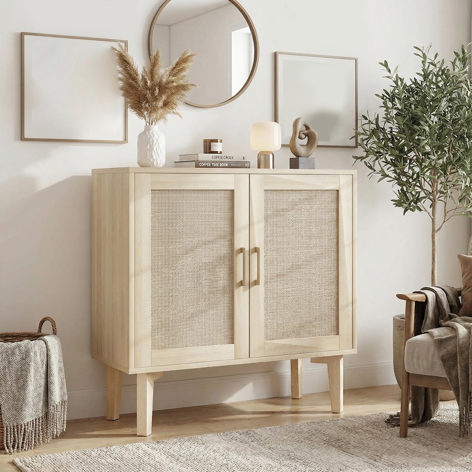 Sxhlseller Bufet z Drzwiami Rattanowymi, Nogi z Litego Drewna (Light Oak)