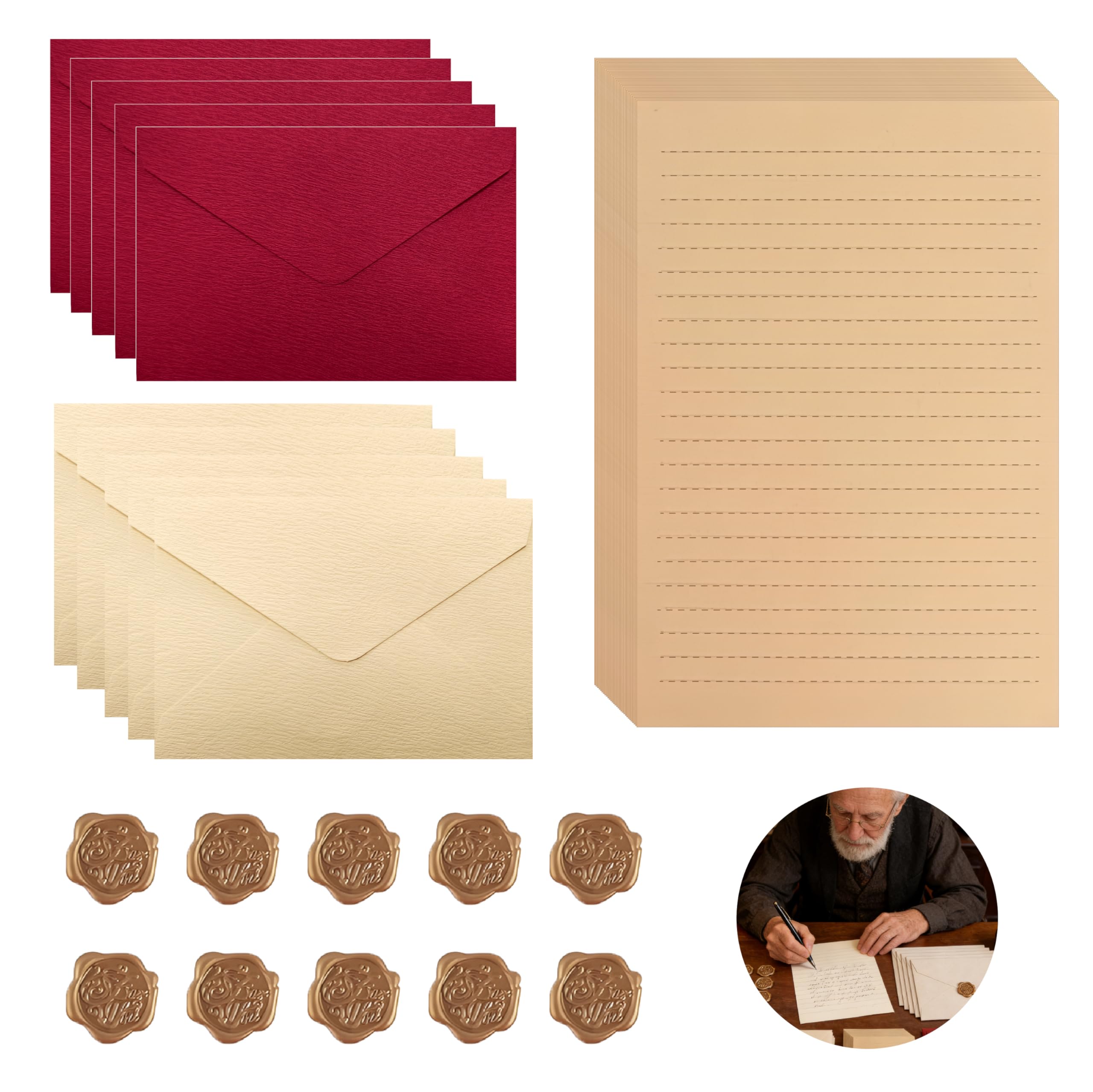 Ensemble Papier à Lettre Vintage, 5 Enveloppes Beiges, 5 Rouges, 30 Feuilles, 10 Autocollants Cire