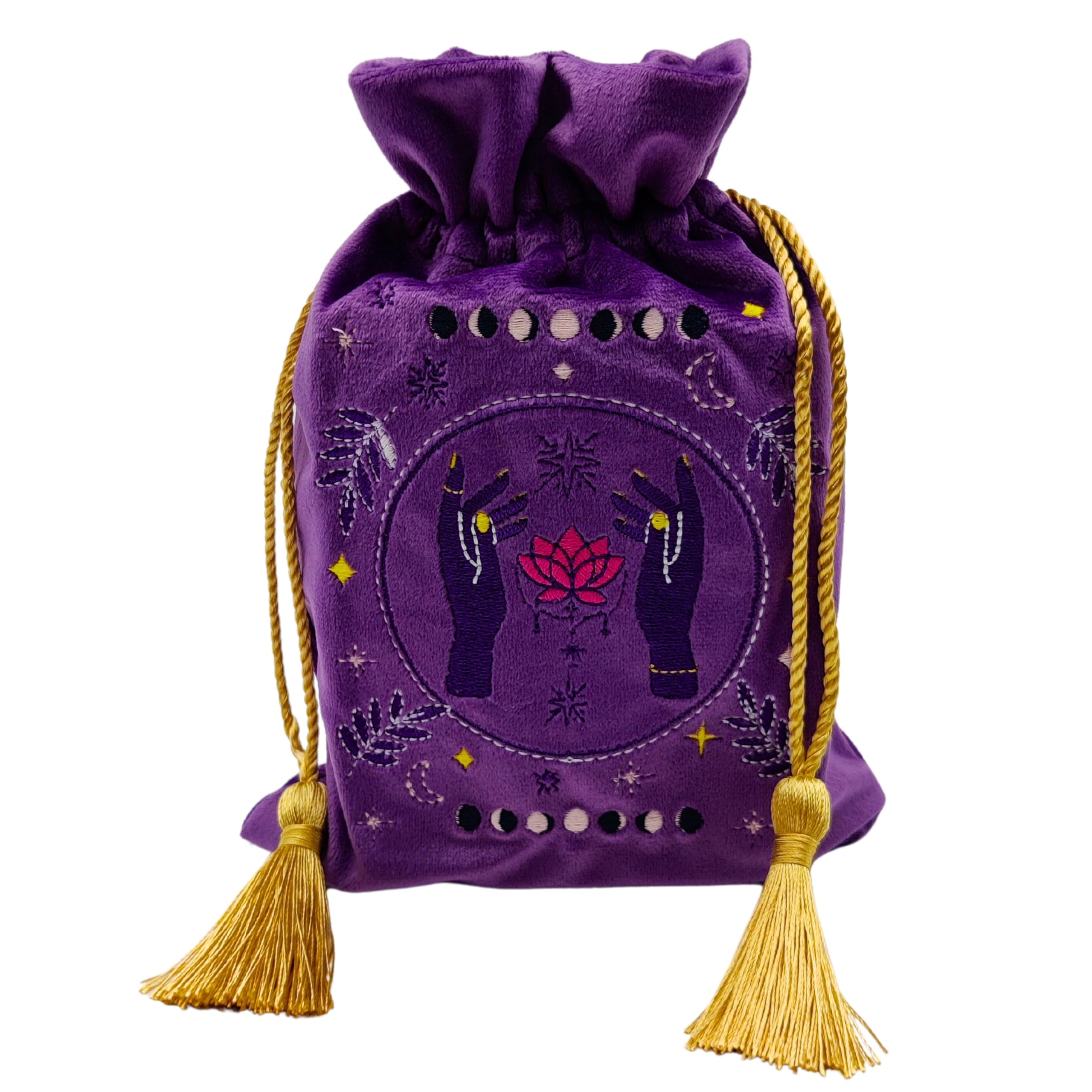 La Muci Velvet Tarot Card Bag – Drawstring Pouch for Tarot Deck Storage – Magic Purple Moon & Lotus Design – Jewelry Storage & Gift Pouch with Gold