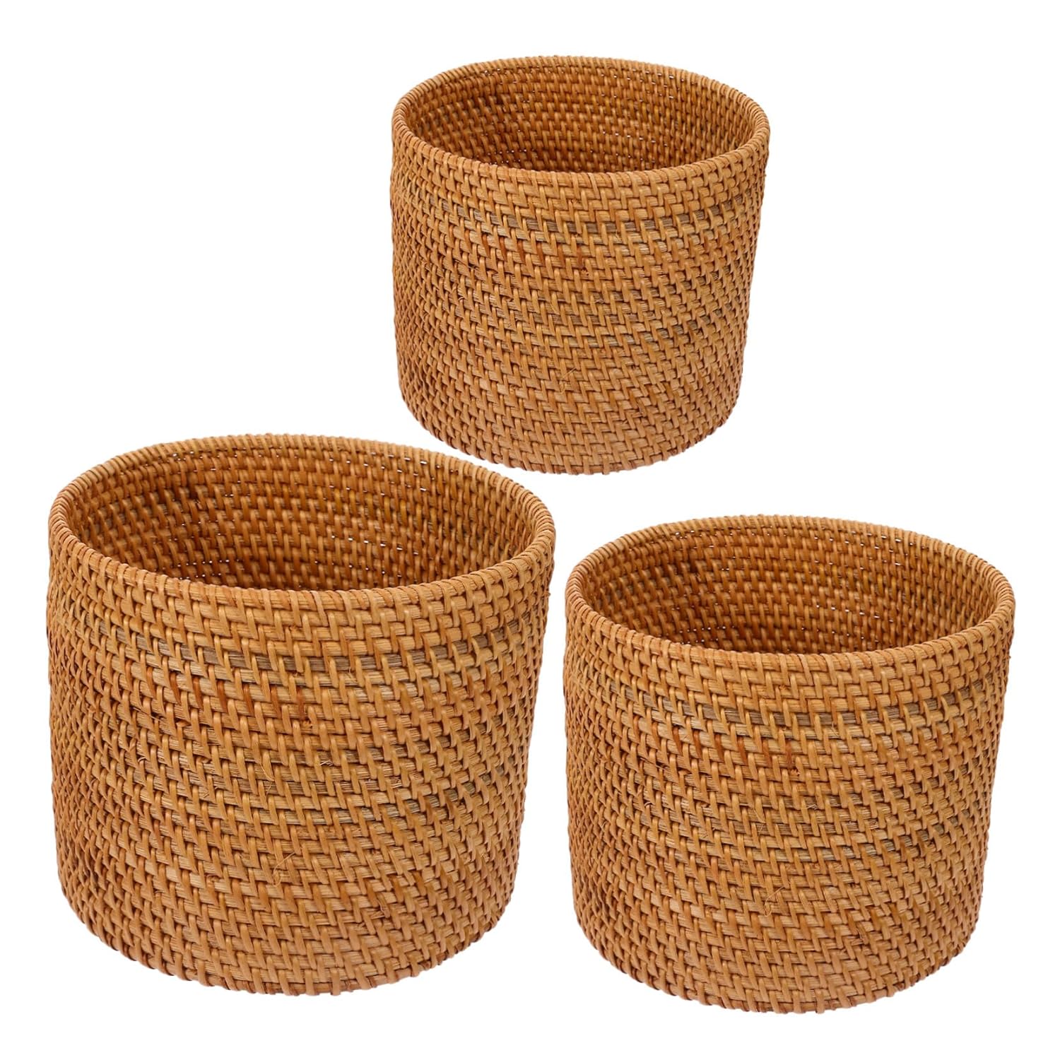 3pcs Small Rattan Trash Can Handmade Cylinder Wicker Waste Bins for Desktop Bathroom Kitchen Office Lightweight Space-Saving Natural Rattan Storage Baskets for Home Use