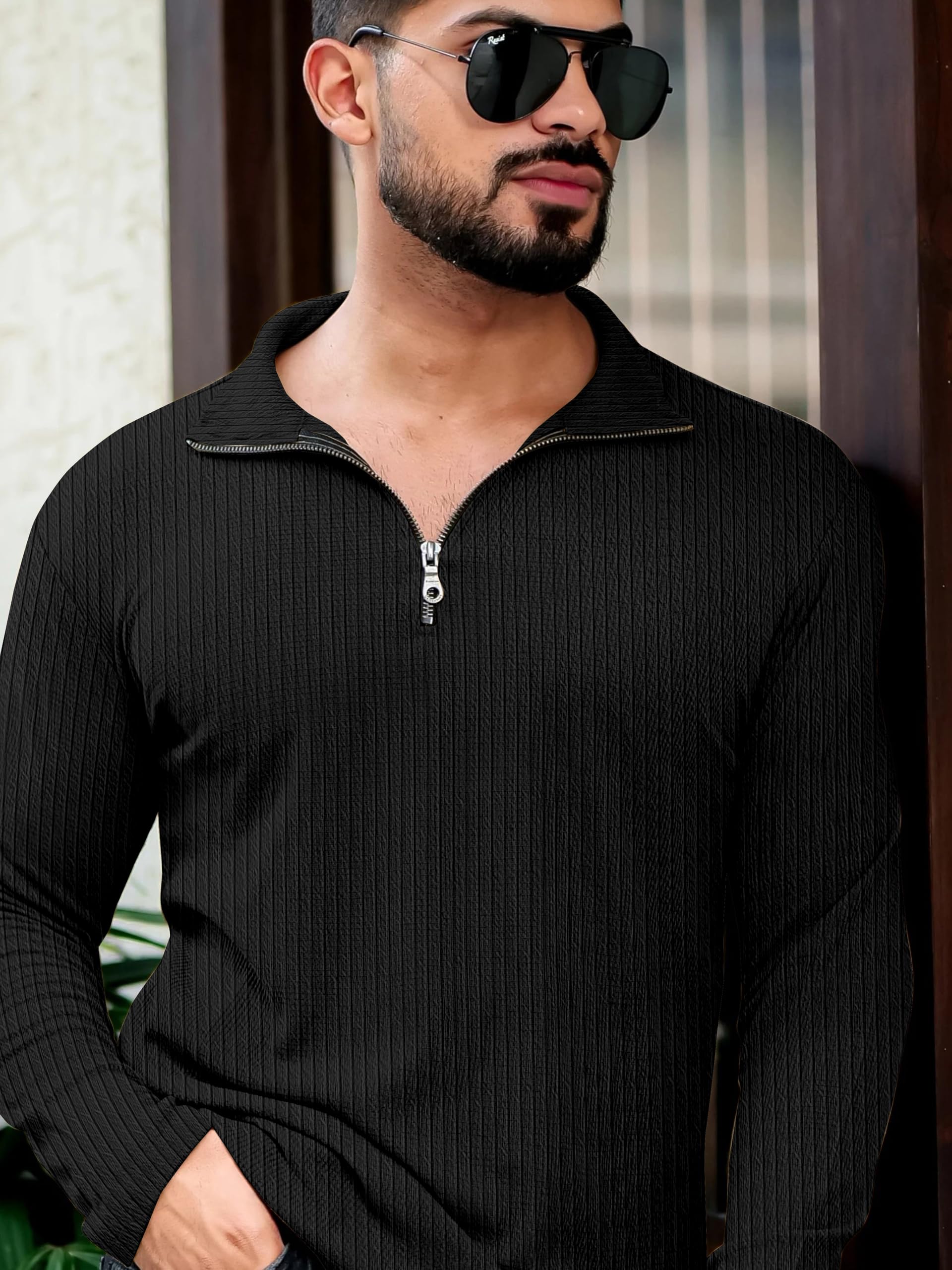 KAJARU Men's Quarter Zip Pullover T-Shirt, Cable Knit Pattern, Full Sleeve (in, Alpha, XL, Black) - Image 3 thumbnail