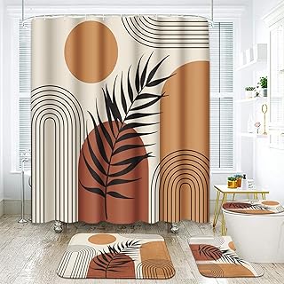 ArtSocket Boho Bathroom Set with Shower Curtain and Rugs Accessories, Mid Century Sun Brown Leaves Modern Shower Curtain for Bathroom Decor 4 Pcs