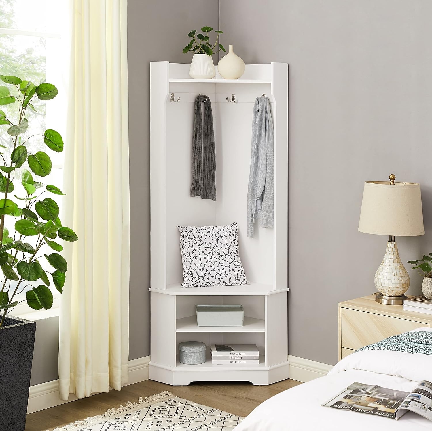 ODC 3In1 Wooden Entryway Hall Tree Corner Coat Rack with