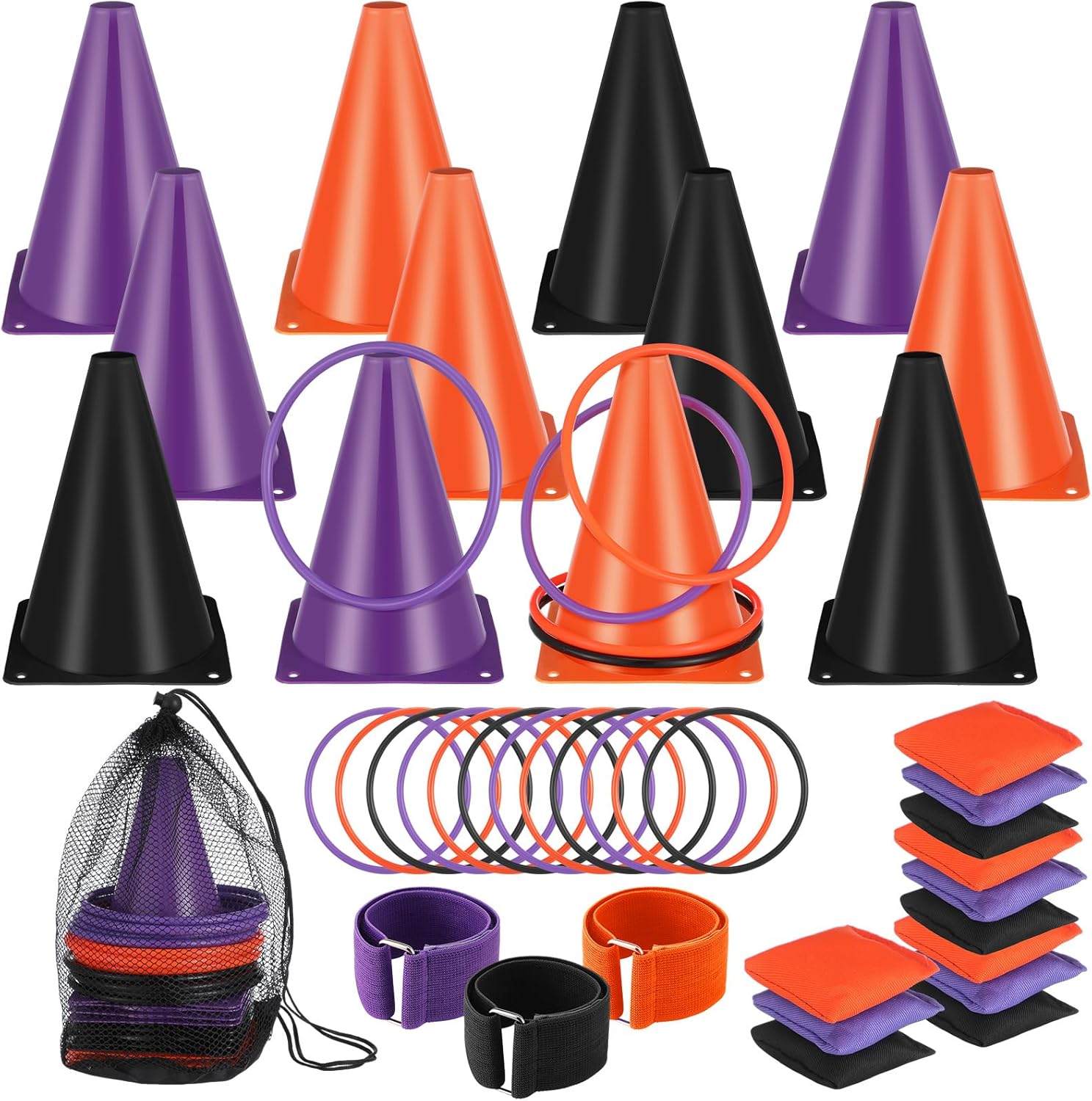 Leitee 40 Pcs 4 in 1 Halloween Bean Bag Toss Game Set Ring Toss, Soft Plastic Cones, Bean Bags, 3-Legged Race Bands, Halloween Games Set Indoor Outdoor Party Yard Supplies