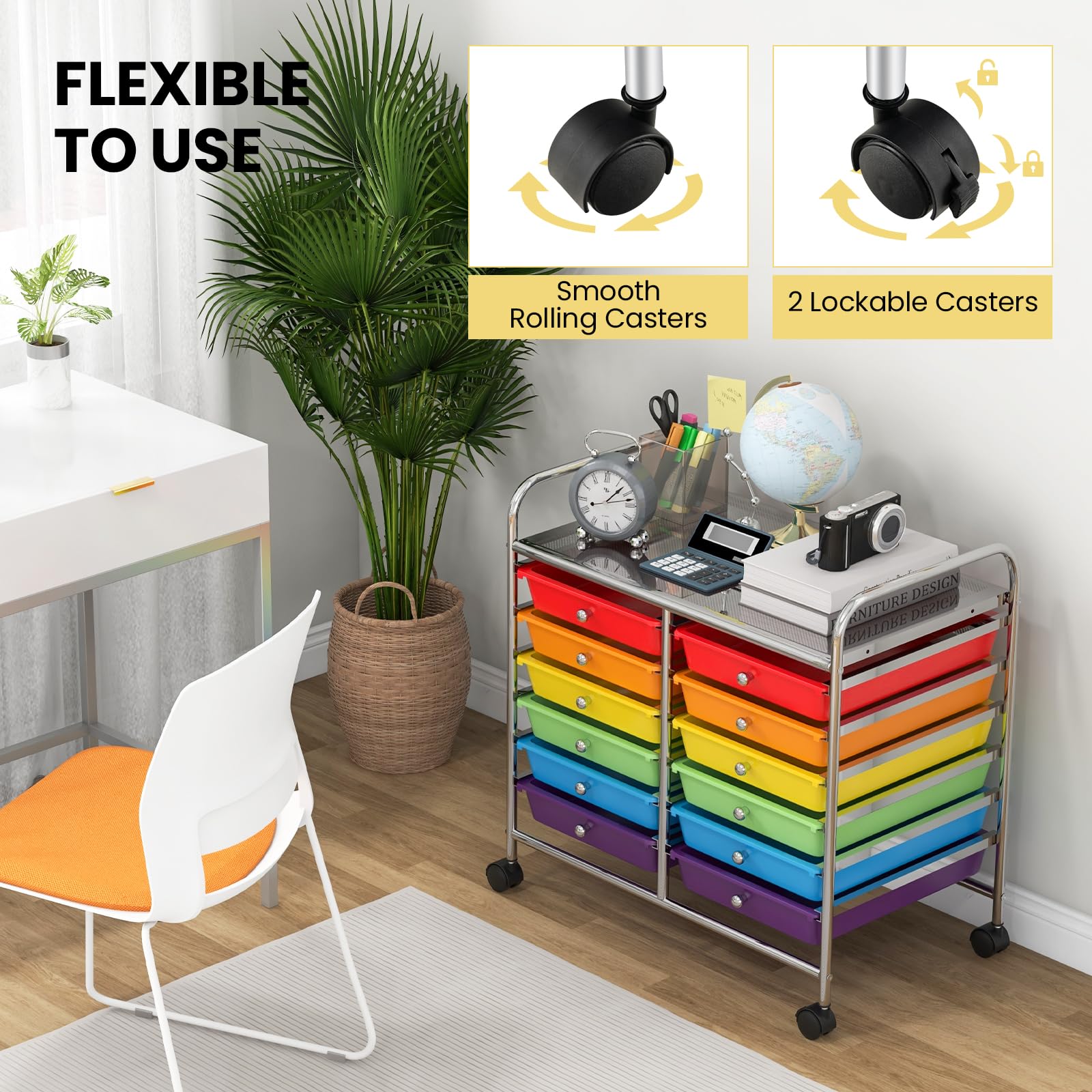 GIANTEX Chariot de Rangement, 12 Tiroirs, roulettes Pratiques, Grande Planche de Travail, Poignées Latérales, Glissières Douces, Chariot Polyvalent pour Salon, Cuisine, Bureau (Multicolore)