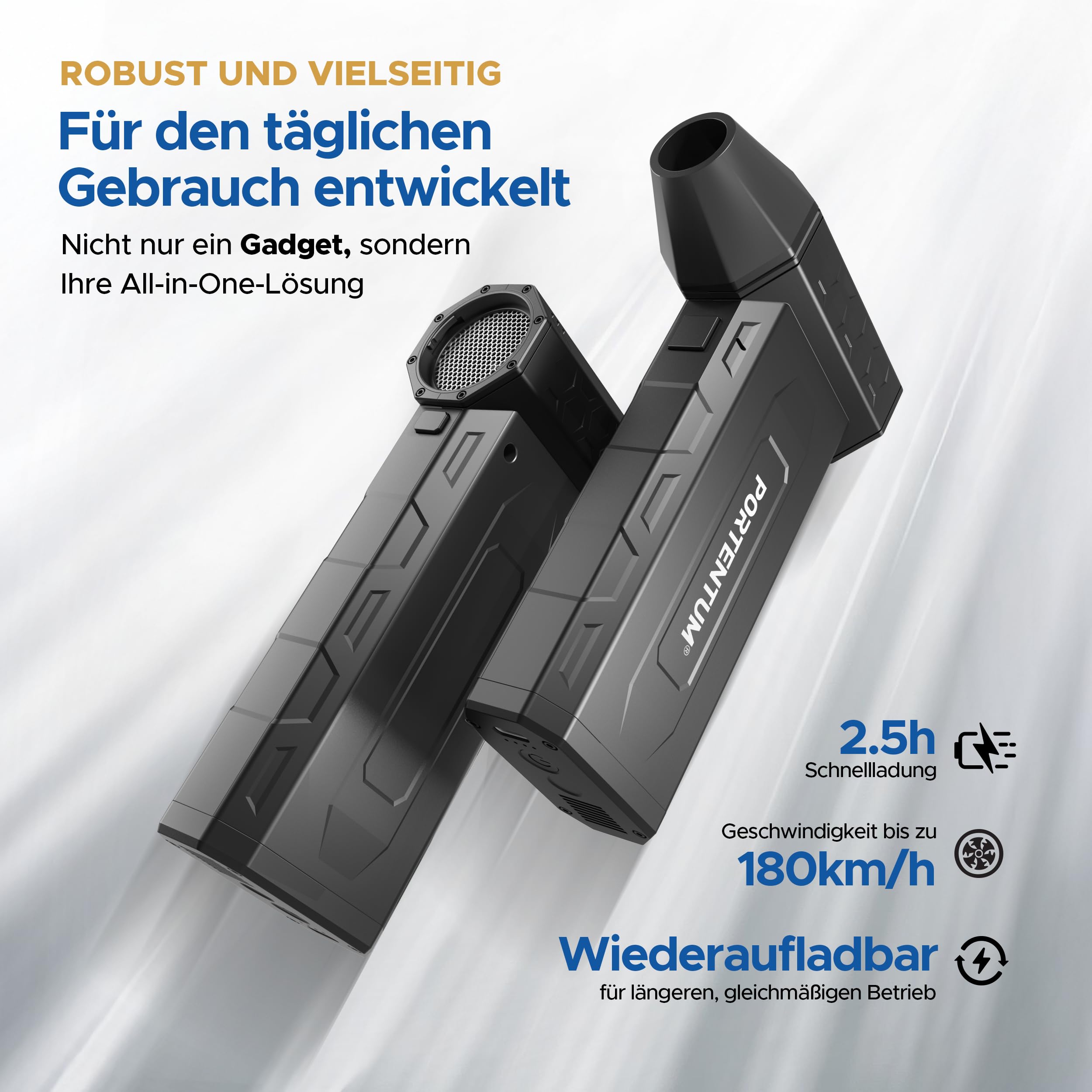 PORTENTUM 3 in 1 Staubgebläse als Druckluftspray 180 km/h – Handstaubsauger Akku 25 kPa – Doppel-LED-Taschenlampe – Set aus 25 Teilen mit 6 Düsen und 13 Bürsten – Air Duster bis zu 115 Min
