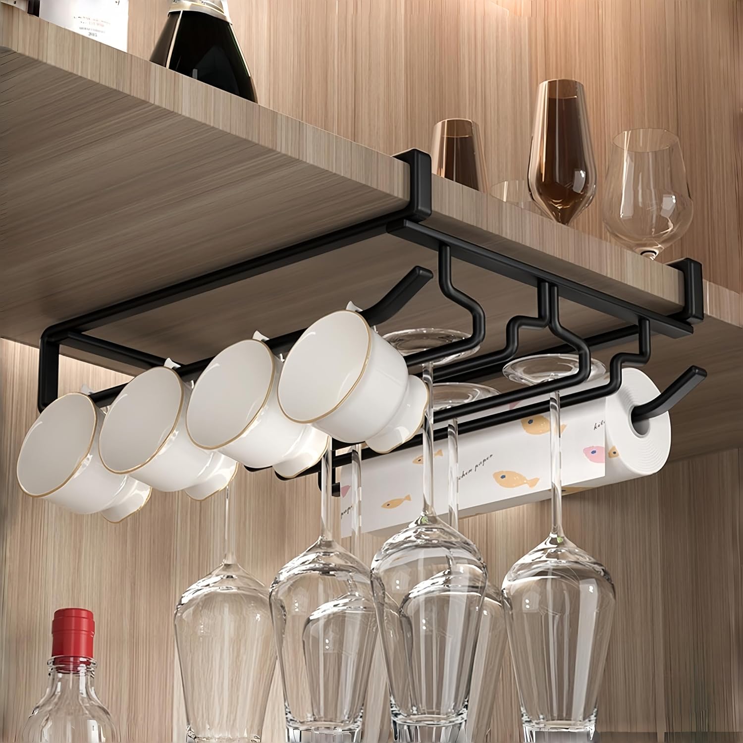 Under Cabinet Wine Glass Rack, No-Drill Hanging Stemware Holder, Carbon Steel Cup Organizer for Kitchen Cabinet, Bar and Dining Room, Space Saving Glass Storage(BLACK)