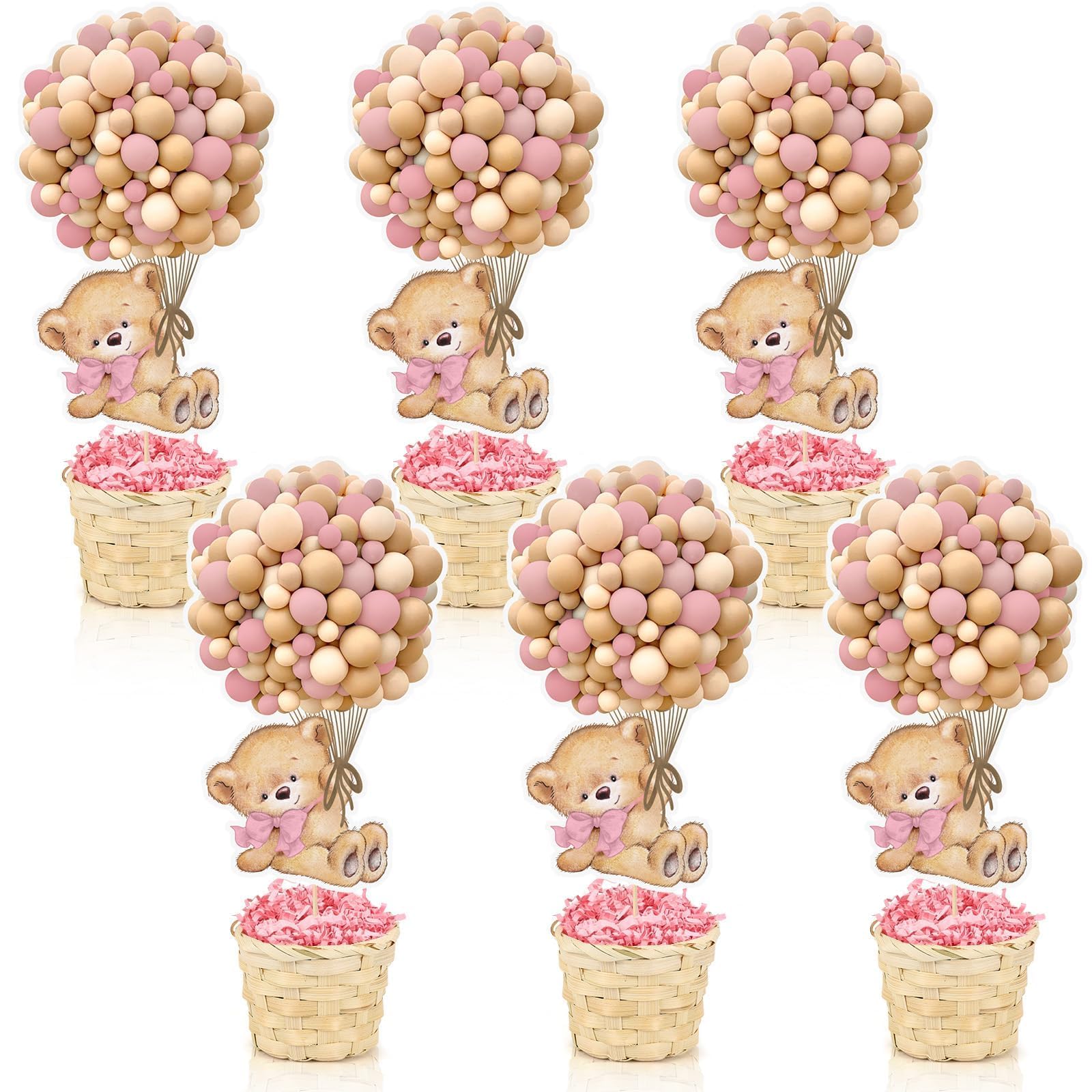 6 Set Pink Baby Shower Table Centerpieces Decortion Hot Air Balloon Cute Babys Bear with Bamboo Basket Lafite Garss Welcome Oh Baby We Can Bearly Wait