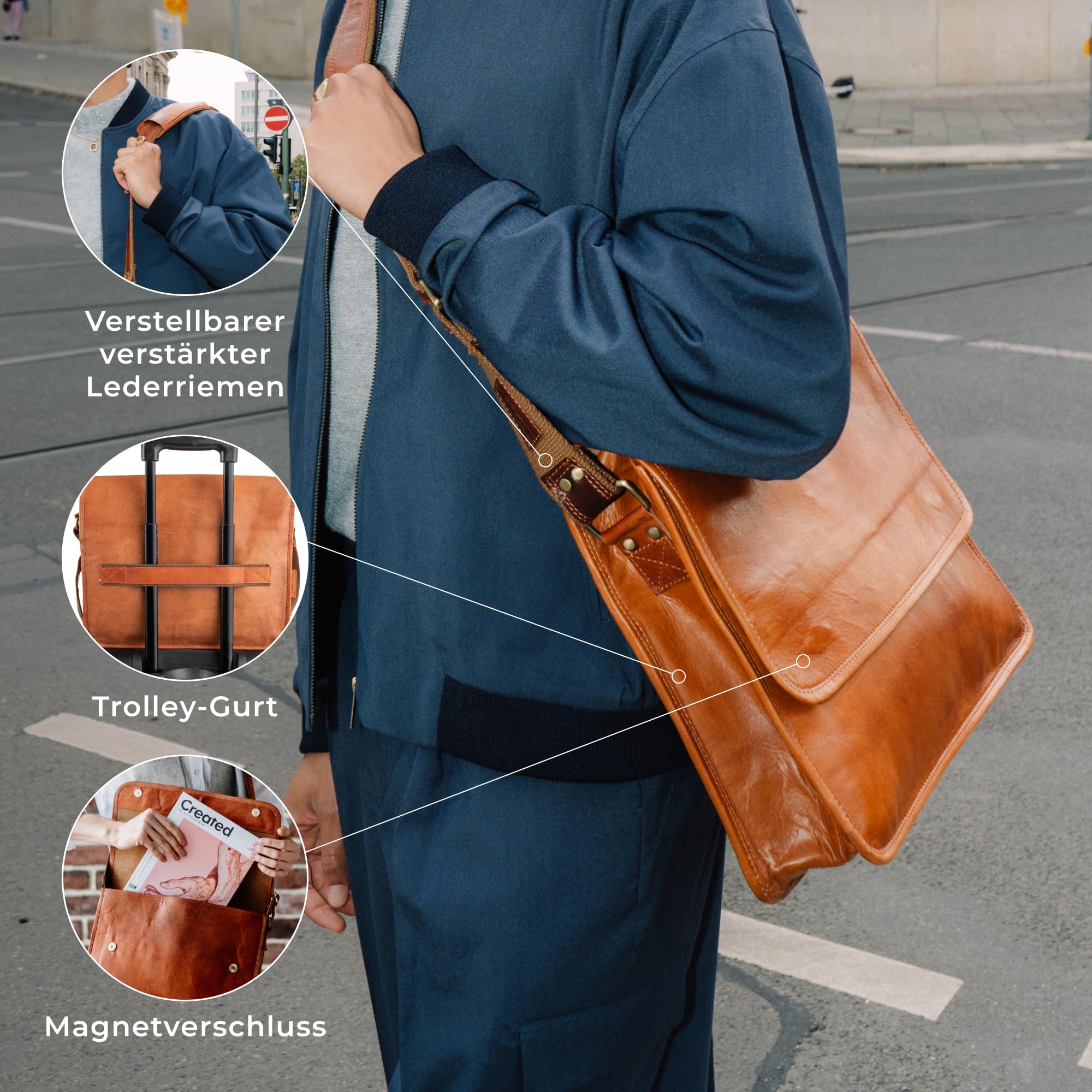 Berliner Bags Vintage Umhängetasche Ghent aus Leder, Messenger Bag mit Laptopfach für Damen Herren - Braun