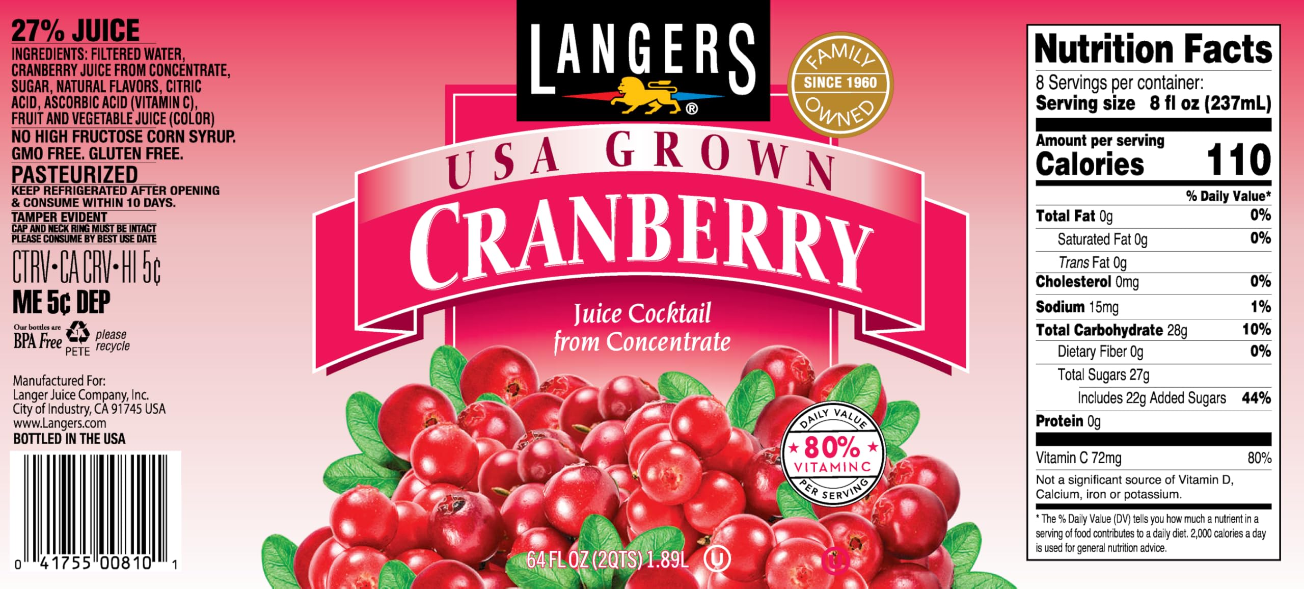 Langers Cranberry Variety Pack, Cranberry Cocktail, Raspberry, Passionfruit, Blood Orange, 64 fl oz (Pack of 4)