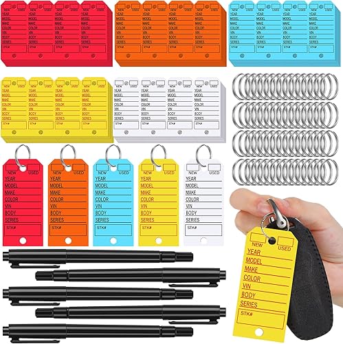 PerKoop 1000 etiquetas para llaves de auto de concesionarios, etiquetas de tienda con anillos y 5 marcadores para organización, identificadores y