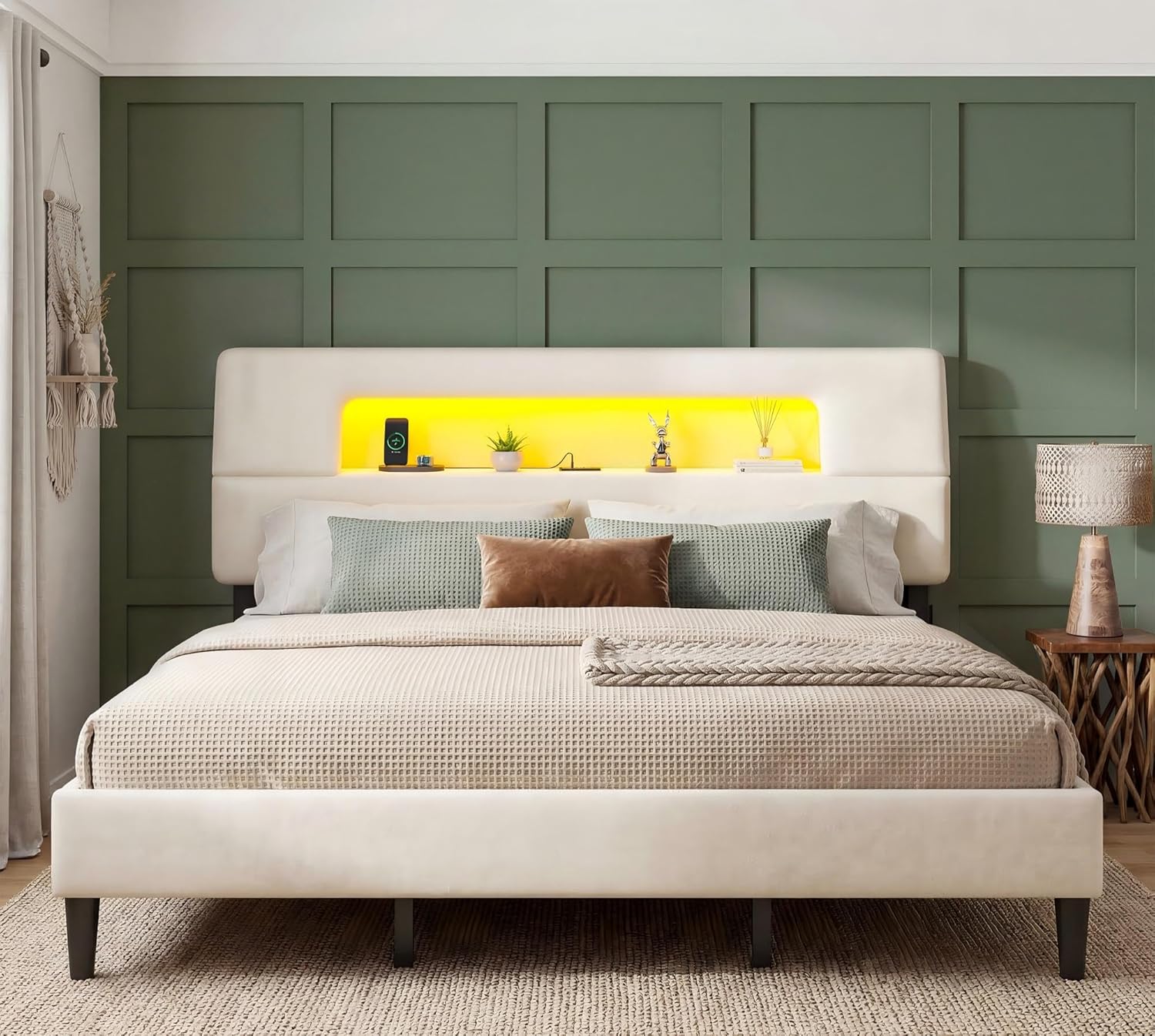 Homkdom King Size Bed Frame with Ergonomic Storage Headboard, Upholstered Bed Frame with LED Lights & Charging Station, Unique Open-Design, NO Noise, Easy Assembly, No Box Spring Needed,Beige