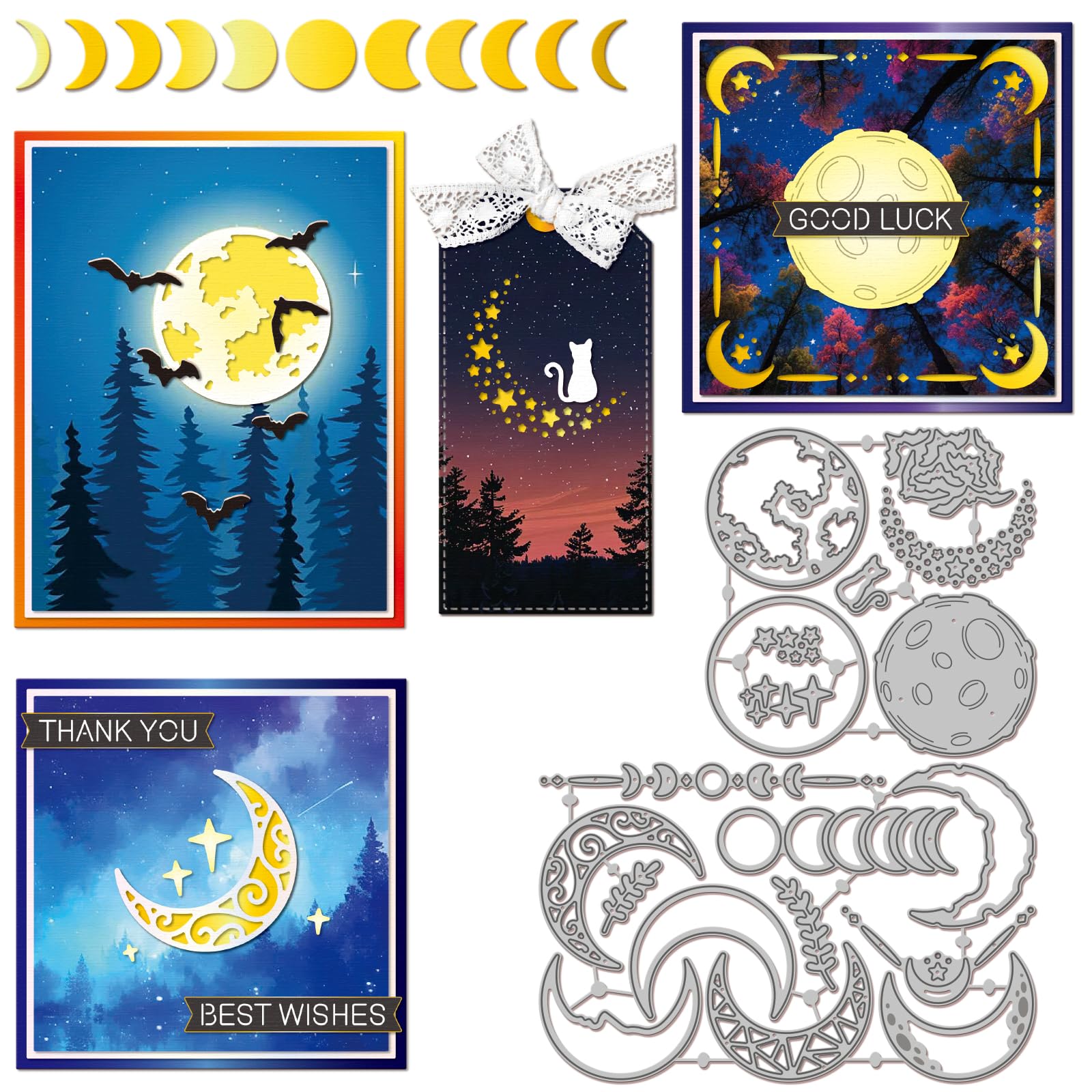 GLOBLELAND Moons Phase Corner Cutting Dies for Card Making Planet Cat and Bat Metal Die Cuts Star Leaves Plants Cuts Stencils for DIY Embossing Paper Cuts Scrapbooking Decor