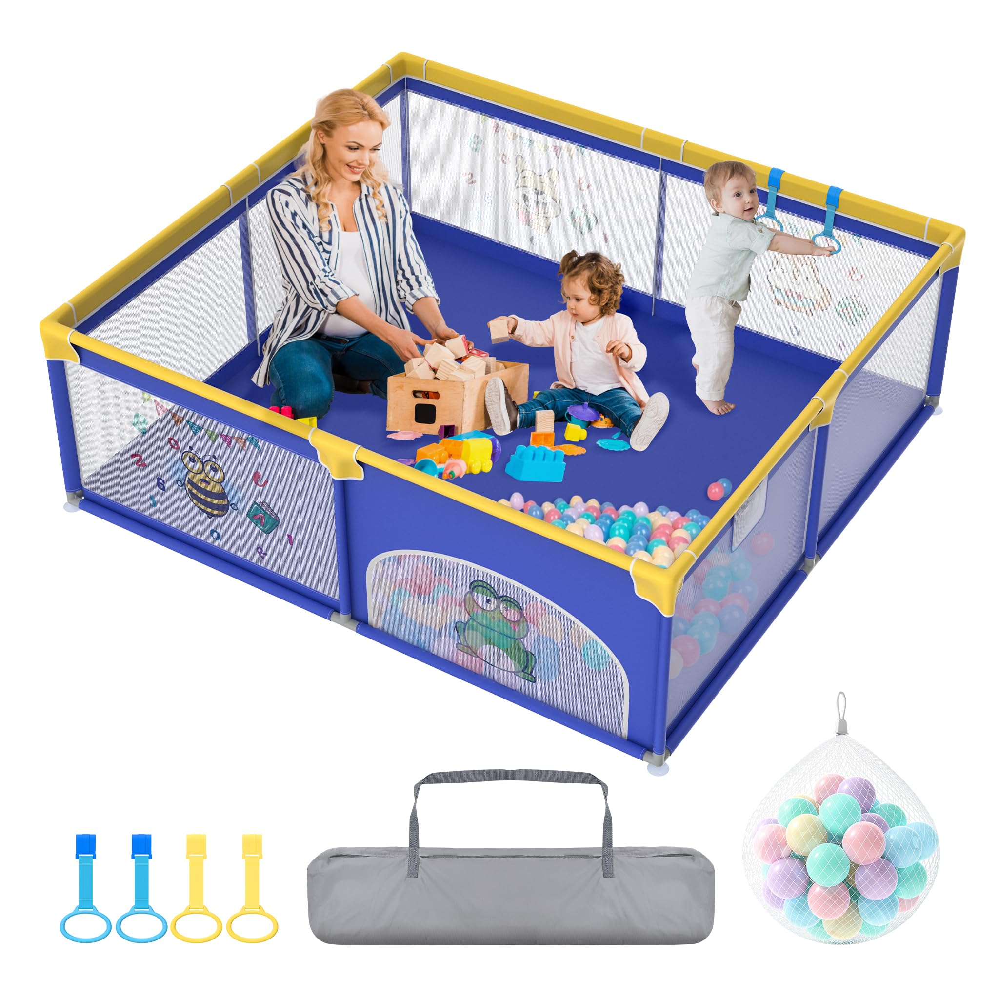 XMTECH Kojec dla niemowląt, przenośny, z 50 piłkami do zabawy, 180 cm x 200 cm x 68 cm, kratka ochronna z oddychającą siatką i zamkiem błyskawicznym i 4 pierścieniami do ciągnięcia (niebieski z