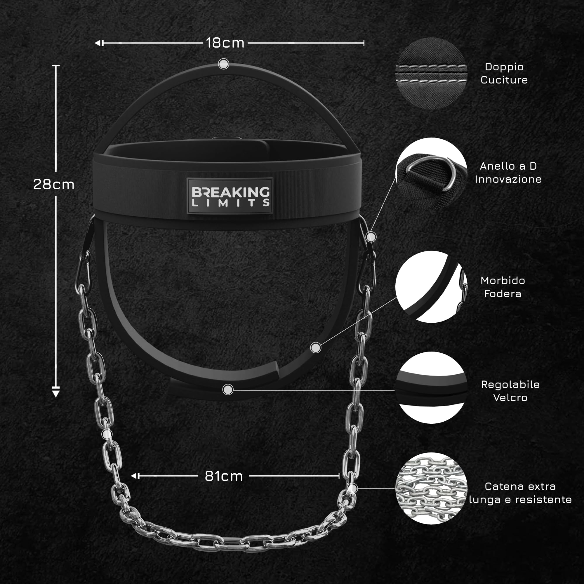 Breaking Limits Allenatore cervicale – Collo Harness con chiusura in velcro, testa e sottogola per arti marziali, attrezzatura per l'allenamento del collo, catena lunga 81 cm