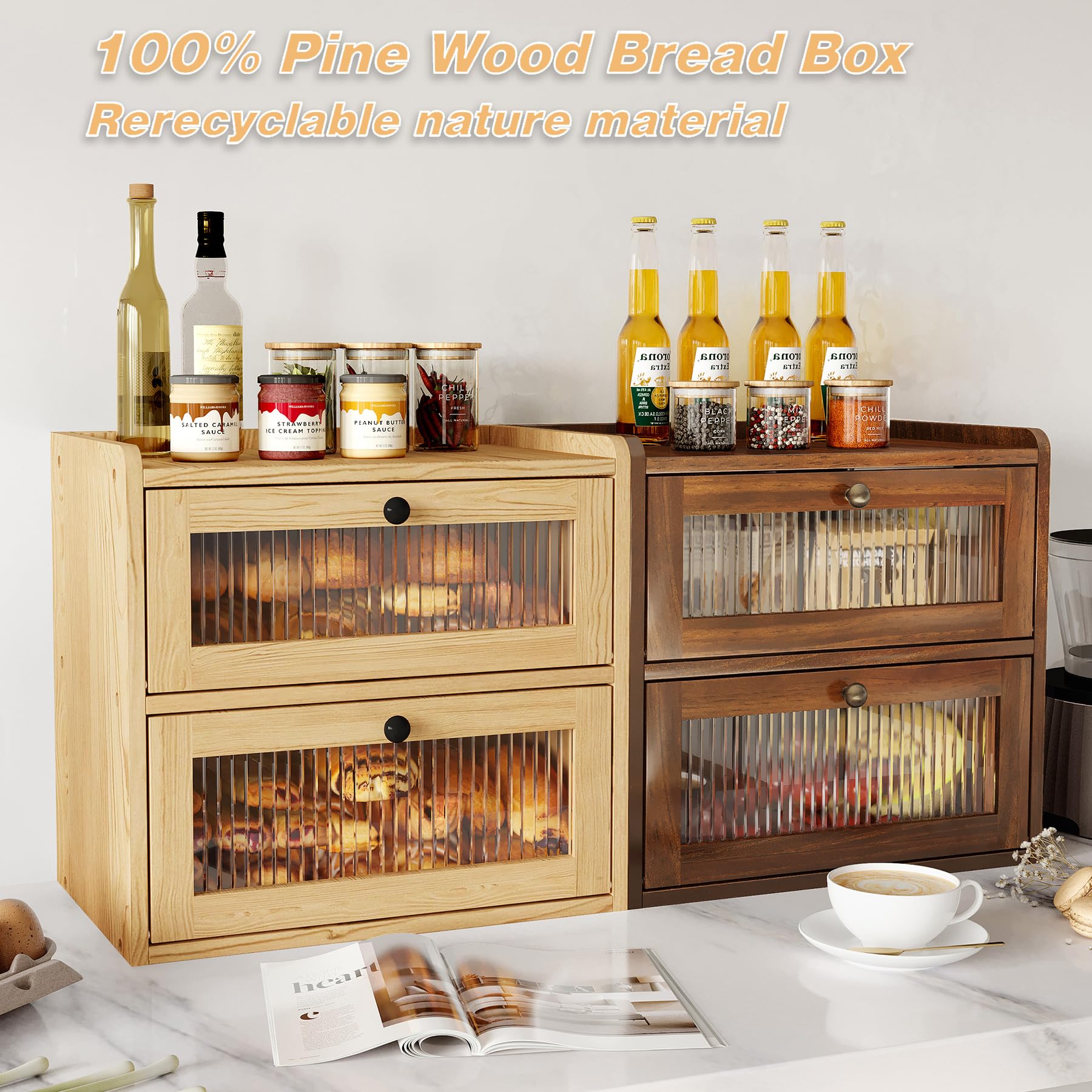 Alpeir Panera grande de doble capa para encimera de cocina, contenedor de almacenamiento de pan de esquina de madera con ventana acrílica, marrón retro