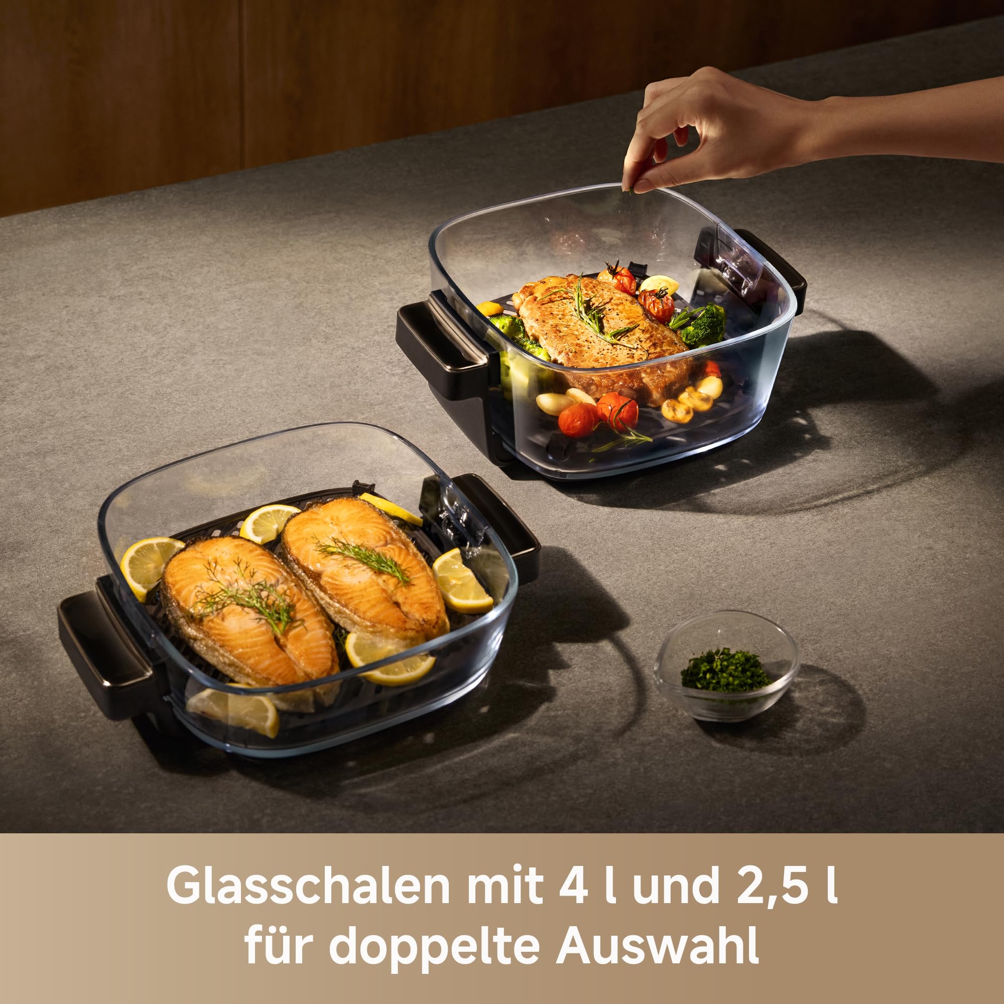 Mova Aeroglass AF20 Pro Heißluftfritteuse: Transparenter Glasinnenraum, Doppeltes Fassungsvermögen (4 l + 2,5 l), Glasschüssel, Bürstenloser Motor, 8 Rezepte, 40–210 °C, Intelligente Voreingestellte