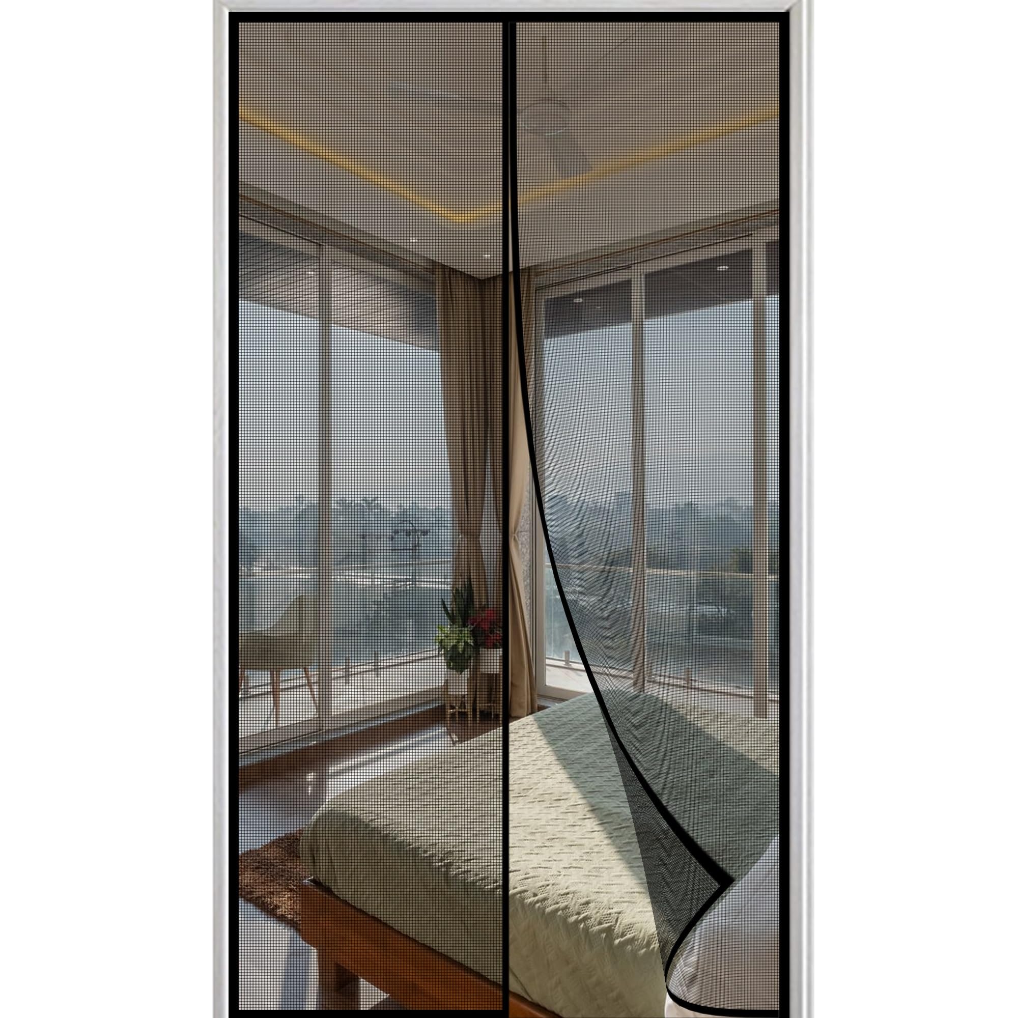Magnetic Door Screen 175x220cm Fly Insect Screen Door Heavy Duty Snap Shut Automatically Insect with Powerful Magnets Frame Hook & Loop Black