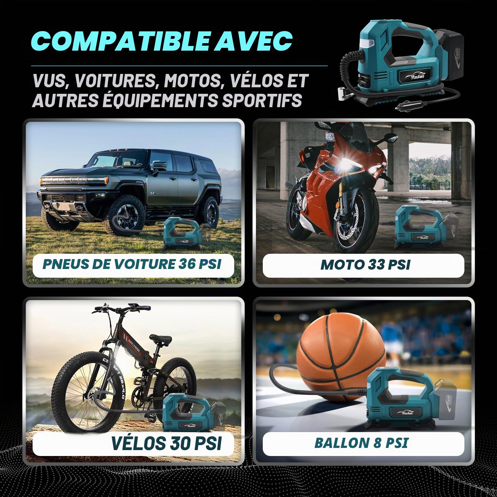 MaxAwe Compresseur à batterie pour Makita 18 V, pompe à air électrique sans fil avec câble auto et 3 buses, gonfleur portable avec lumière LED, pour voitures, motos, vélos, ballons (sans batterie)