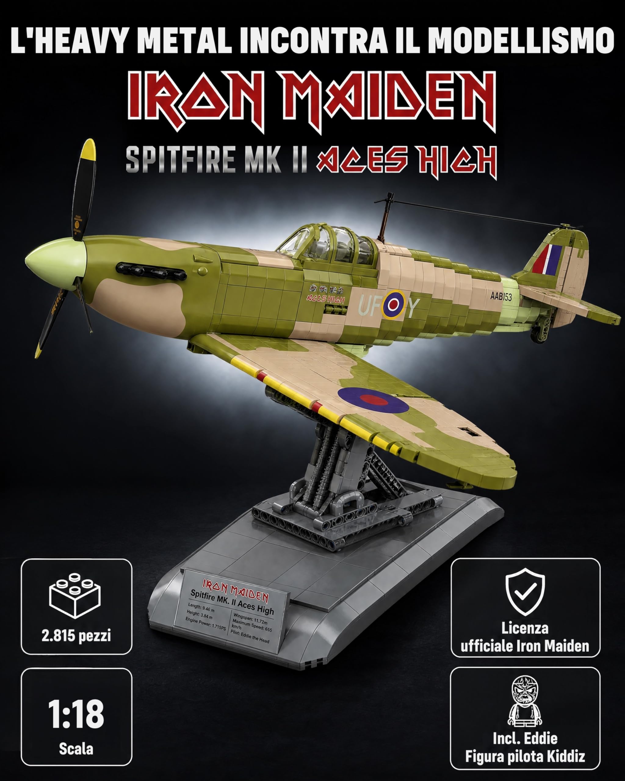 Revell Brick System 00962 Iron Maiden Spitfire MK.II Aces High - Kit modellino in mattoni, scala 1:18, non costruito, 52,5 cm di lunghezza, oltre 2.500 pezzi, include statuetta Eddie, espositore e