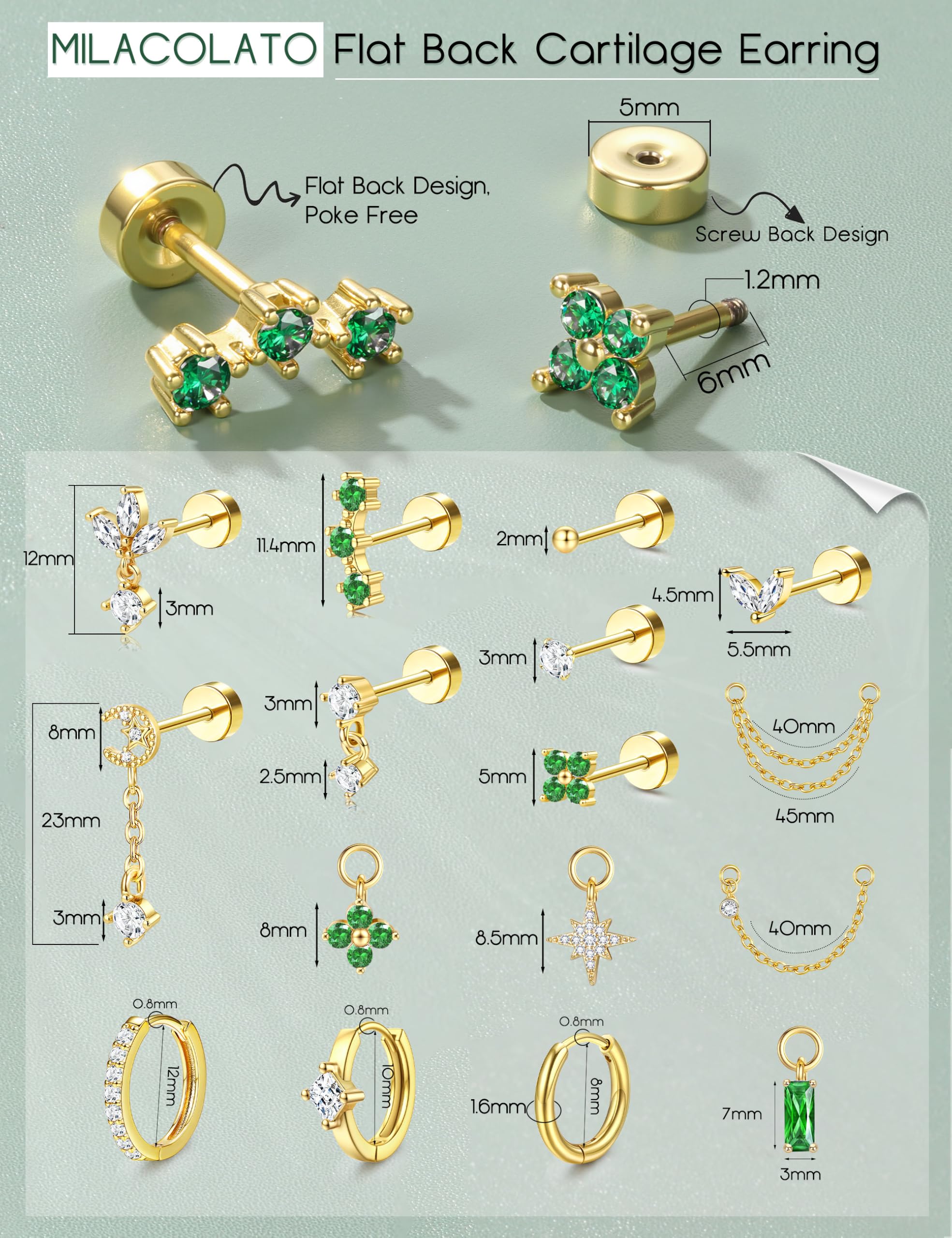 Helix Piercing Jewellery Pendientes de Acero quirúrgico Hipoalergénico Pendiente de Espalda Plana Stud Pendientes de aro Set Conch Piercings Plata Oro Cartílago Daith Tragus Piercing Joyería Única PC