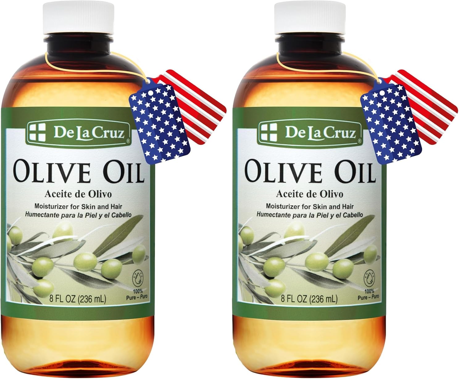 De La Cruz Pure Olive Oil - Natural Expeller Pressed Olive Oil for Hair and Skin - Lightweight Body Oil for Dry Skin 8 Fl Oz (Pack of 2)
